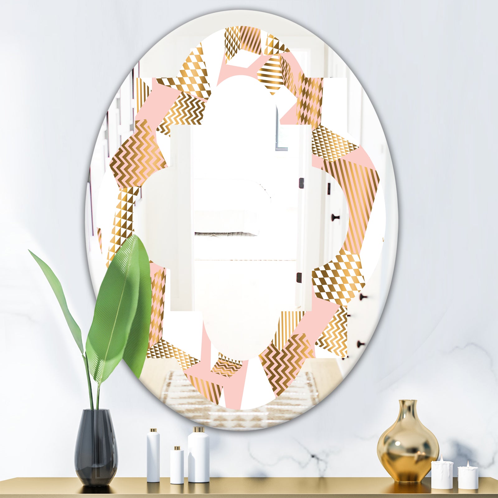 Gold and Rose Cubes I - Modern Round or Oval Wall Mirror - Quatrefoil
