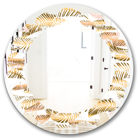 Golden Tropical Pattern III - Modern Round or Oval Wall Mirror - Leaves