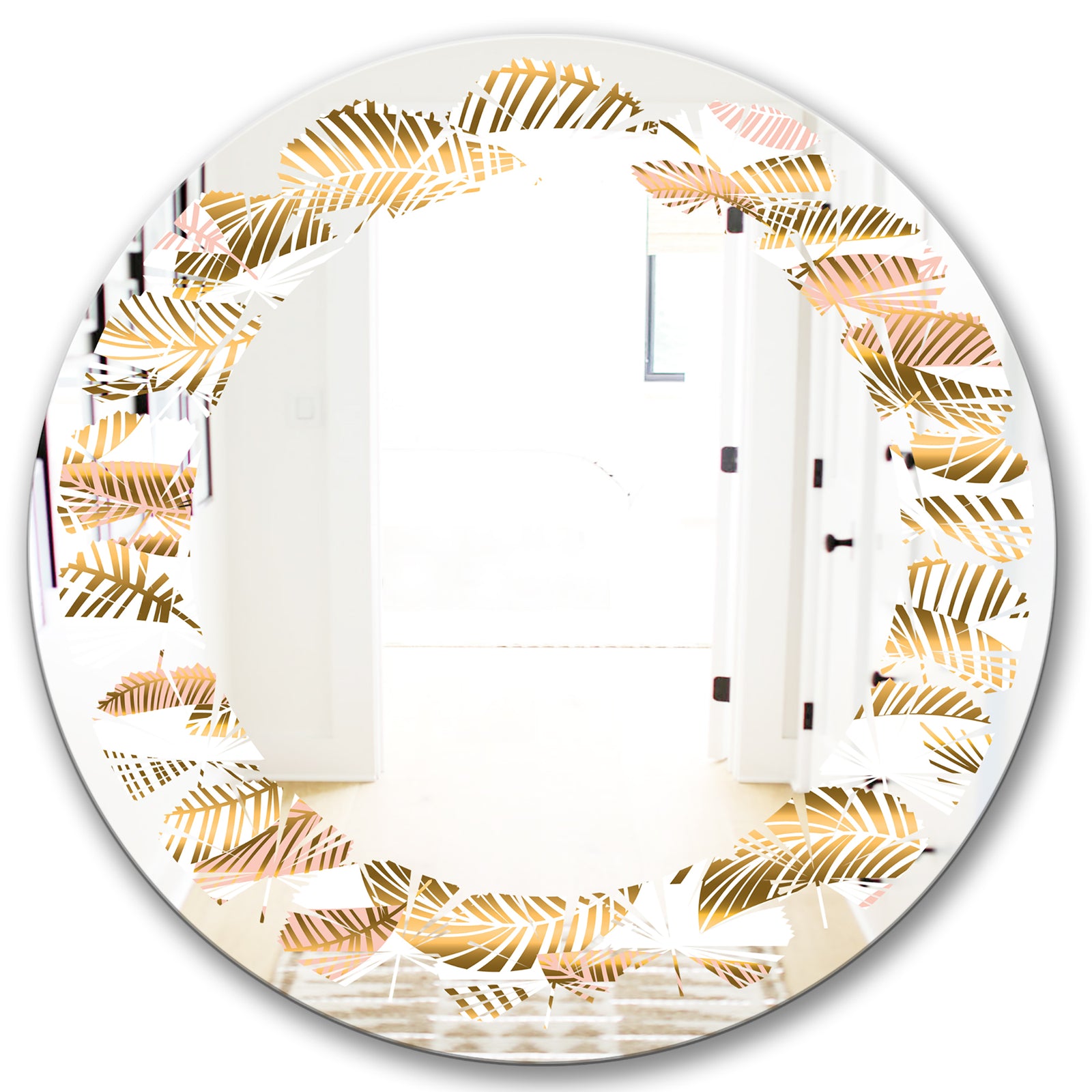 Golden Tropical Pattern III - Modern Round or Oval Wall Mirror - Leaves