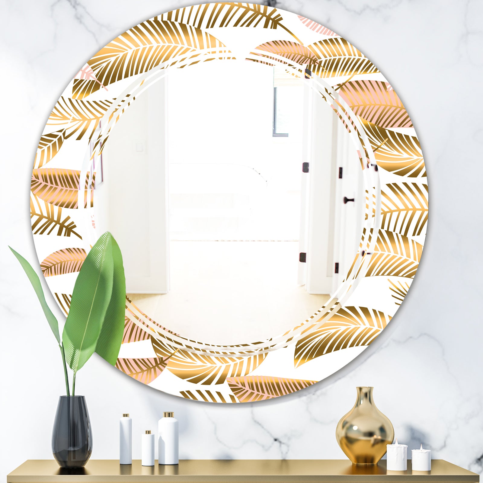 Golden Tropical Pattern III - Modern Round or Oval Wall Mirror - Triple C