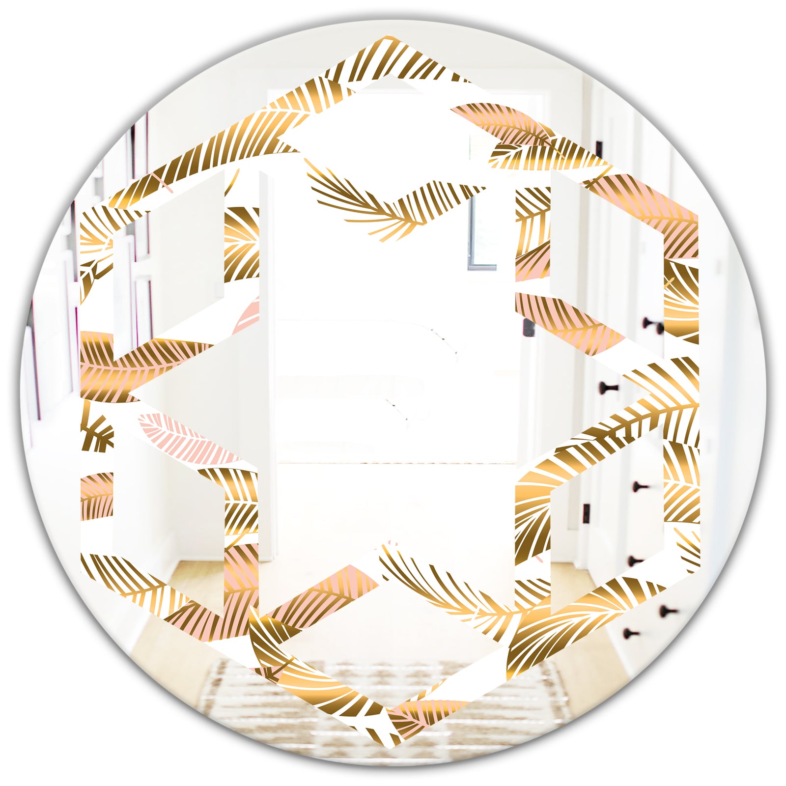 Golden Tropical Pattern III - Modern Round or Oval Wall Mirror - Hexagon Star