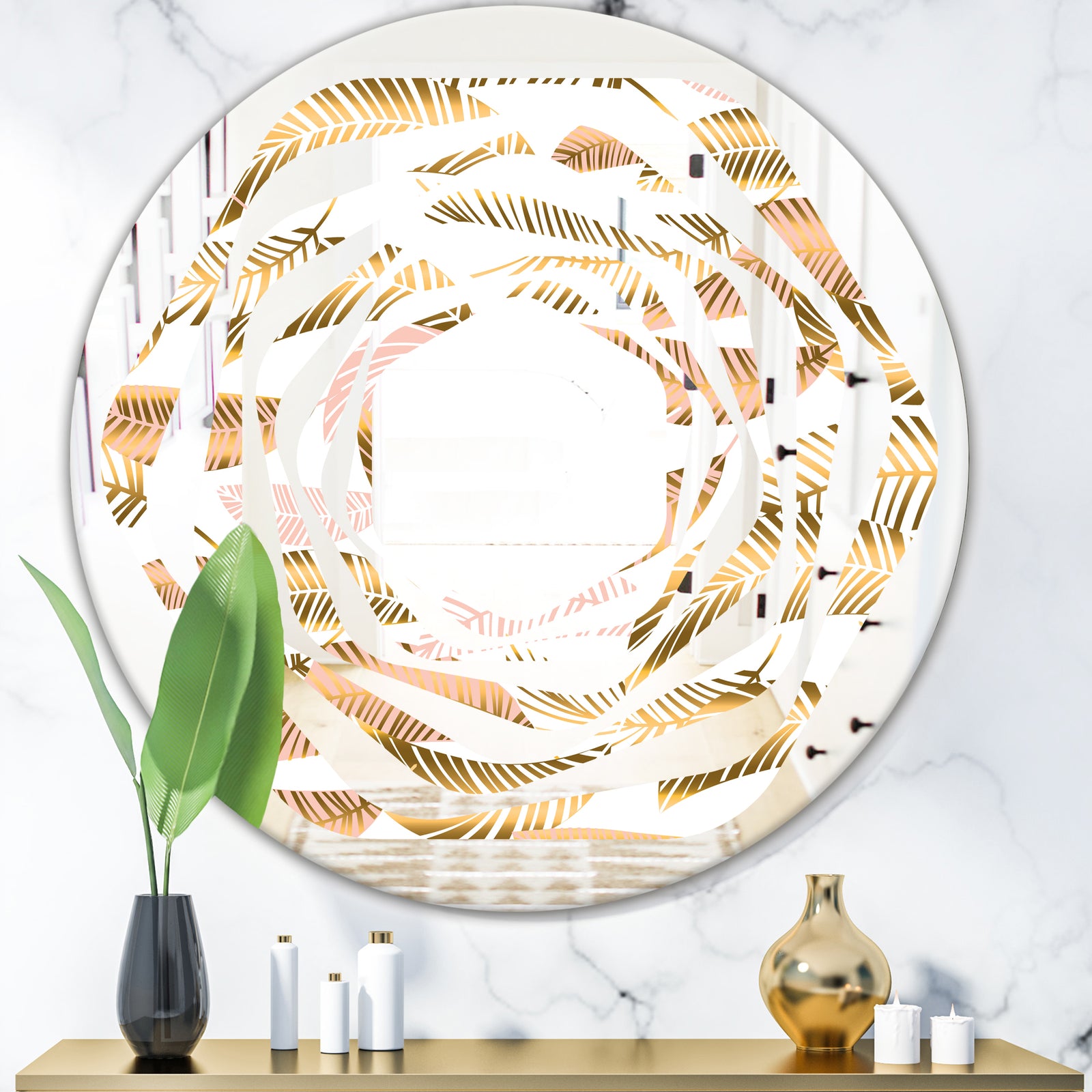Golden Tropical Pattern III - Modern Round or Oval Wall Mirror - Whirl