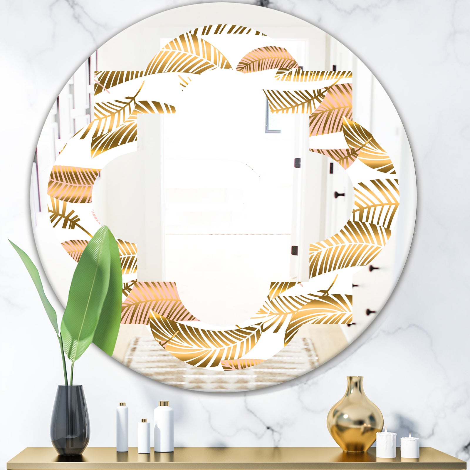 Golden Tropical Pattern III - Modern Round or Oval Wall Mirror - Quatrefoil