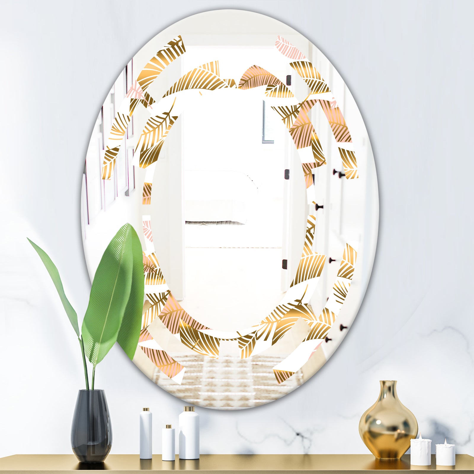 Golden Tropical Pattern III - Modern Round or Oval Wall Mirror - Space