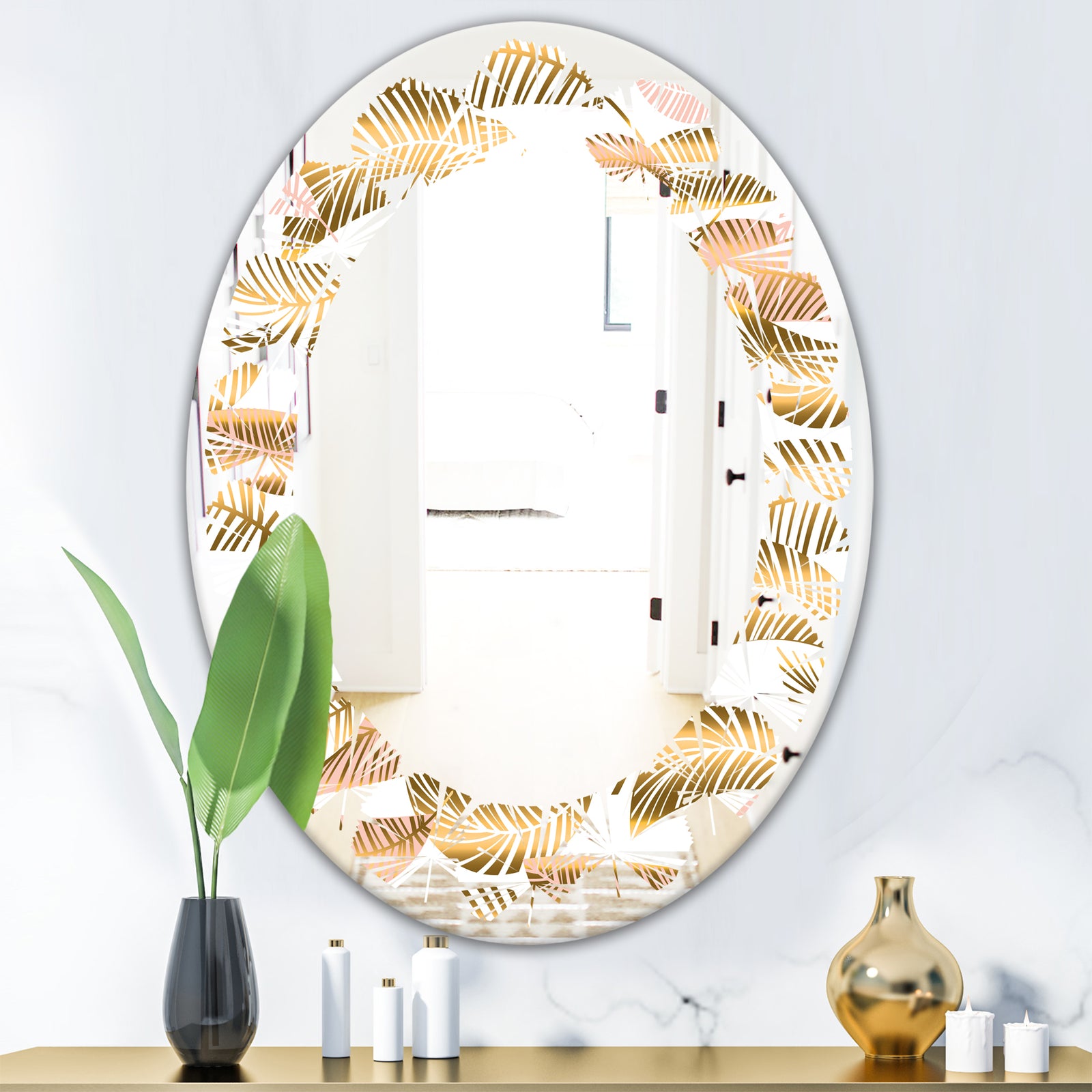 Golden Tropical Pattern III - Modern Round or Oval Wall Mirror - Leaves