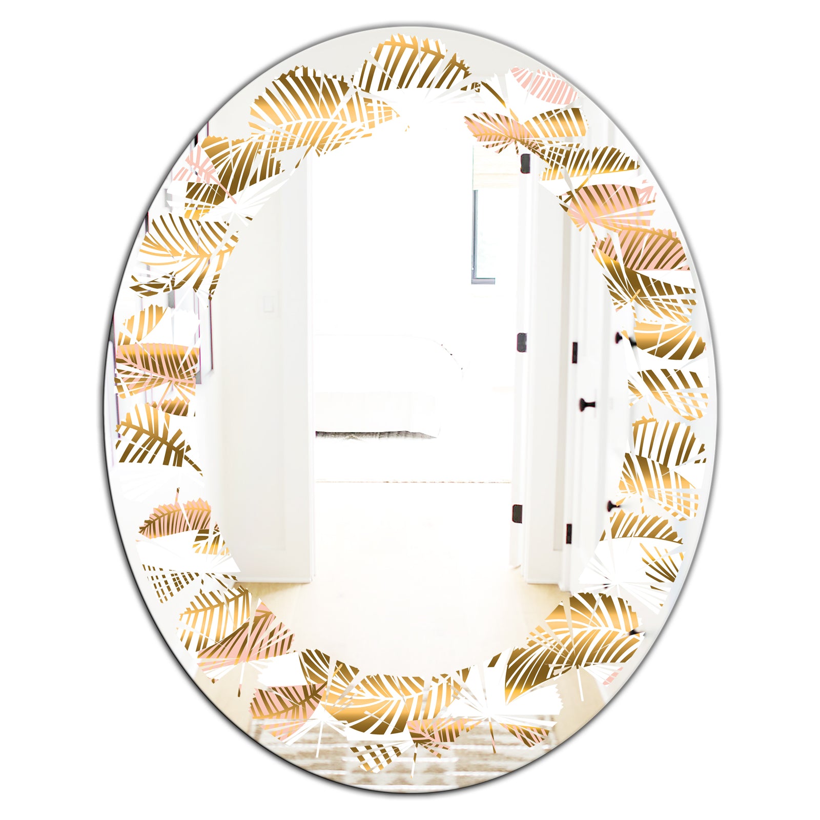 Golden Tropical Pattern III - Modern Round or Oval Wall Mirror - Leaves