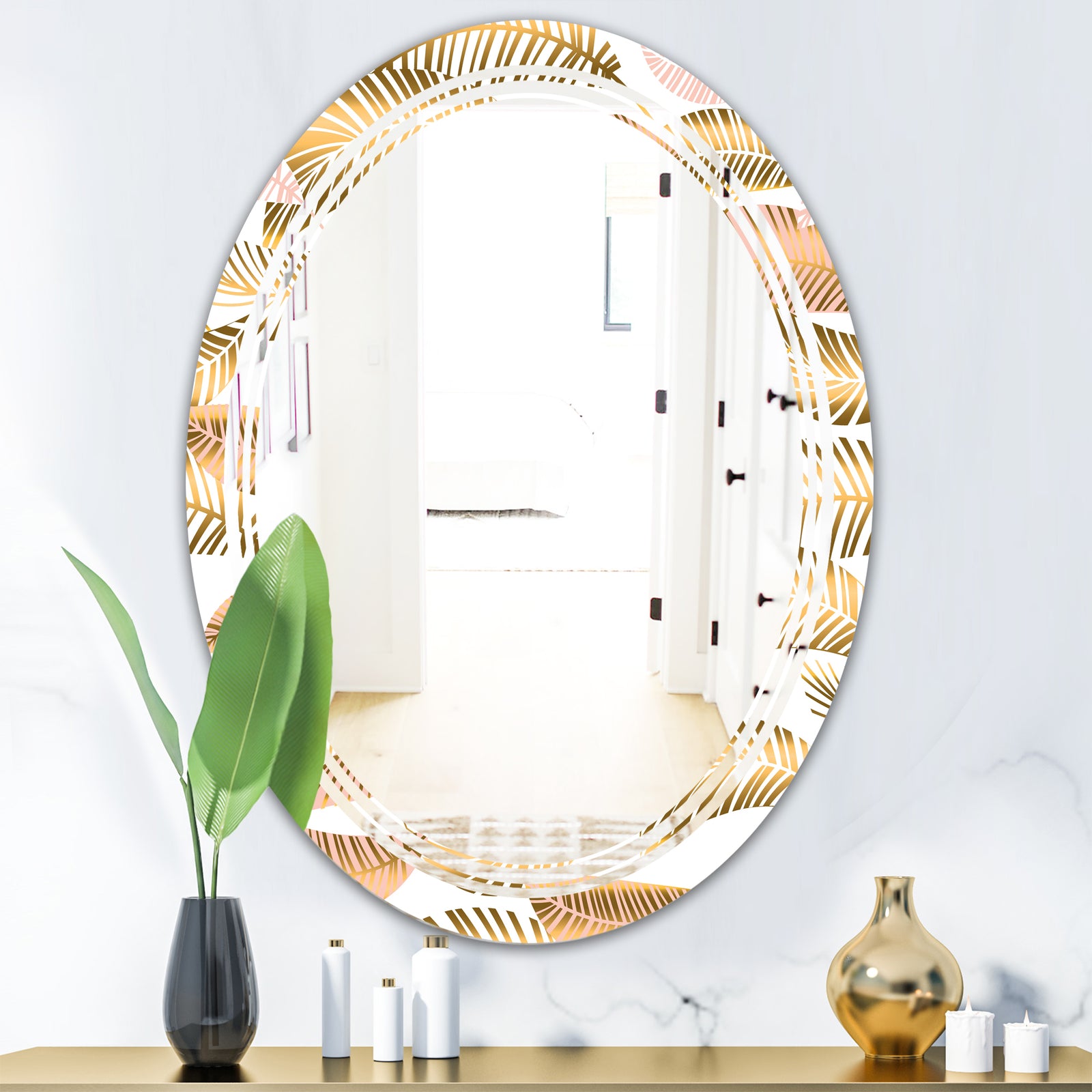 Golden Tropical Pattern III - Modern Round or Oval Wall Mirror - Triple C