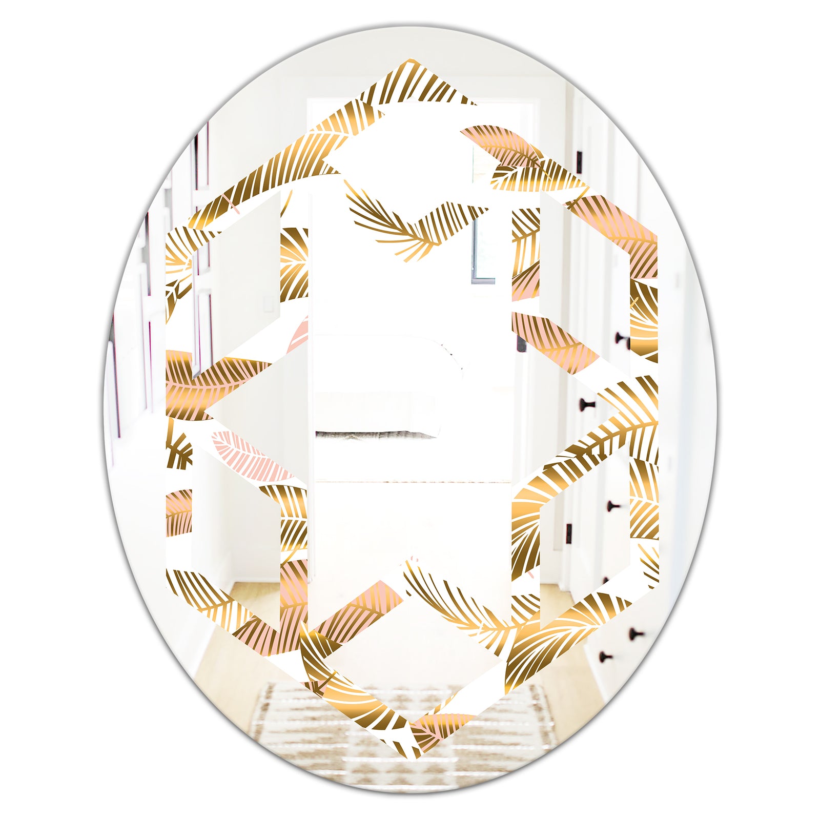 Golden Tropical Pattern III - Modern Round or Oval Wall Mirror - Hexagon Star