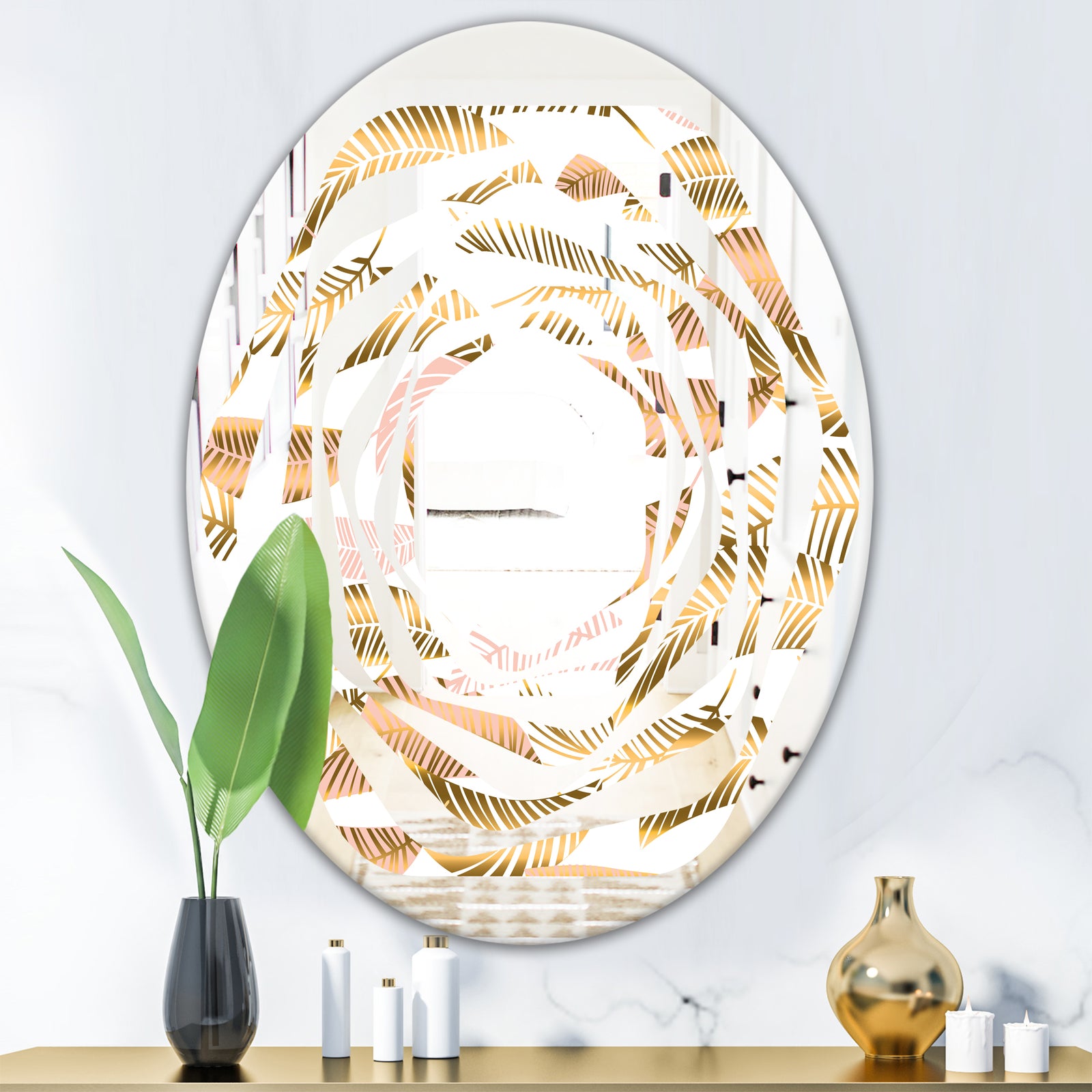 Golden Tropical Pattern III - Modern Round or Oval Wall Mirror - Whirl