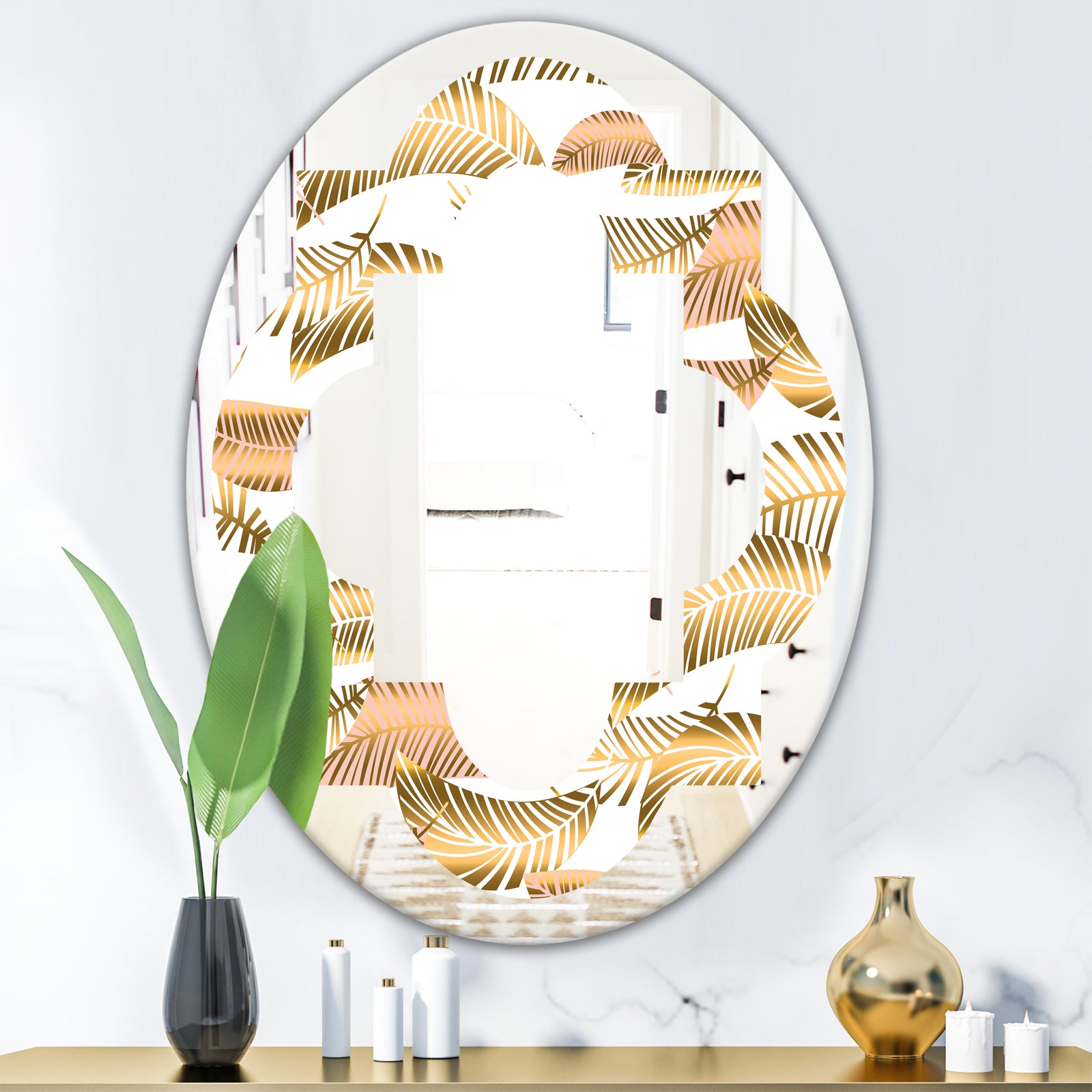 Golden Tropical Pattern III - Modern Round or Oval Wall Mirror - Quatrefoil