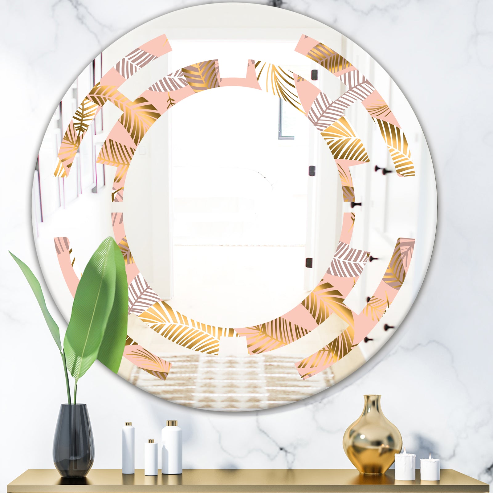 Golden Tropical Pattern V - Modern Round or Oval Wall Mirror - Space