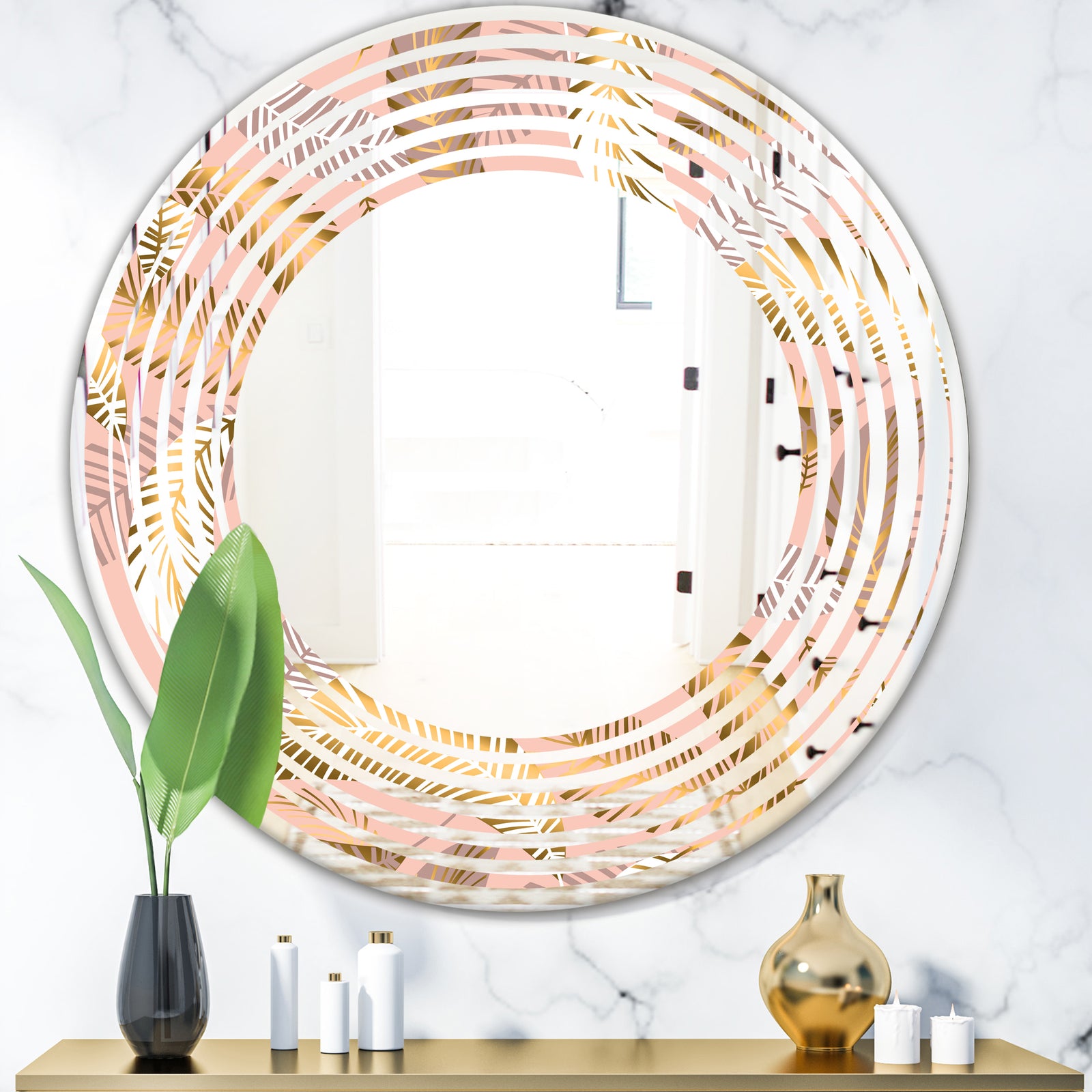 Golden Tropical Pattern V - Modern Round or Oval Wall Mirror - Wave