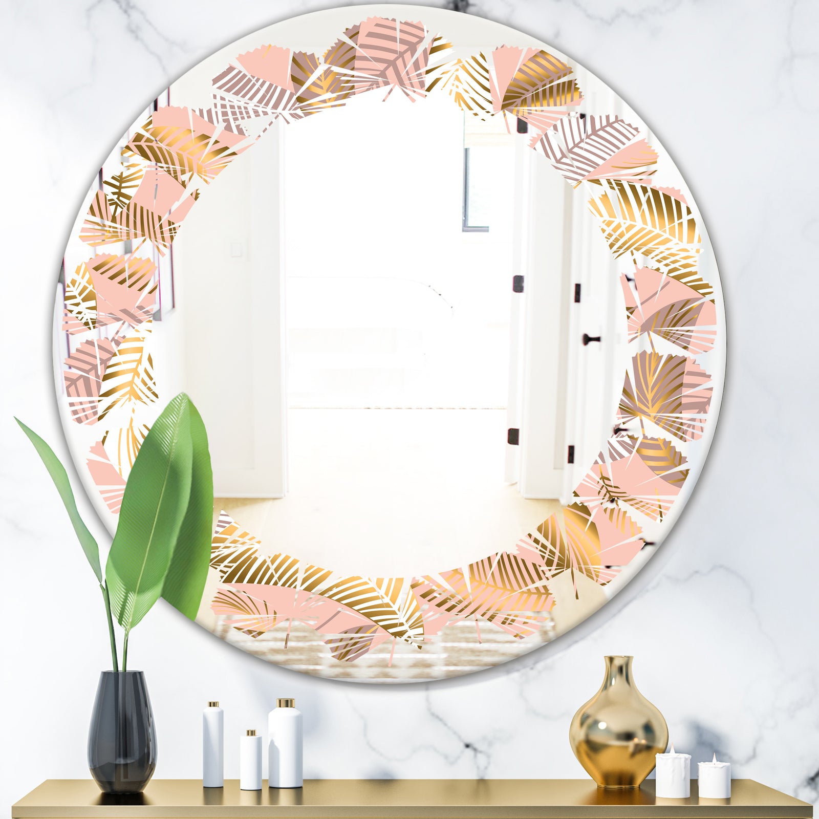 Golden Tropical Pattern V - Modern Round or Oval Wall Mirror - Leaves