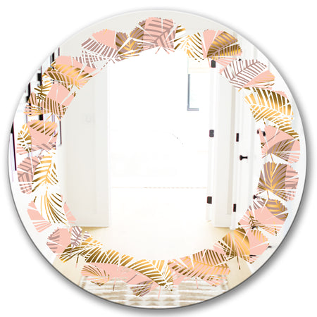 Golden Tropical Pattern V - Modern Round or Oval Wall Mirror - Leaves
