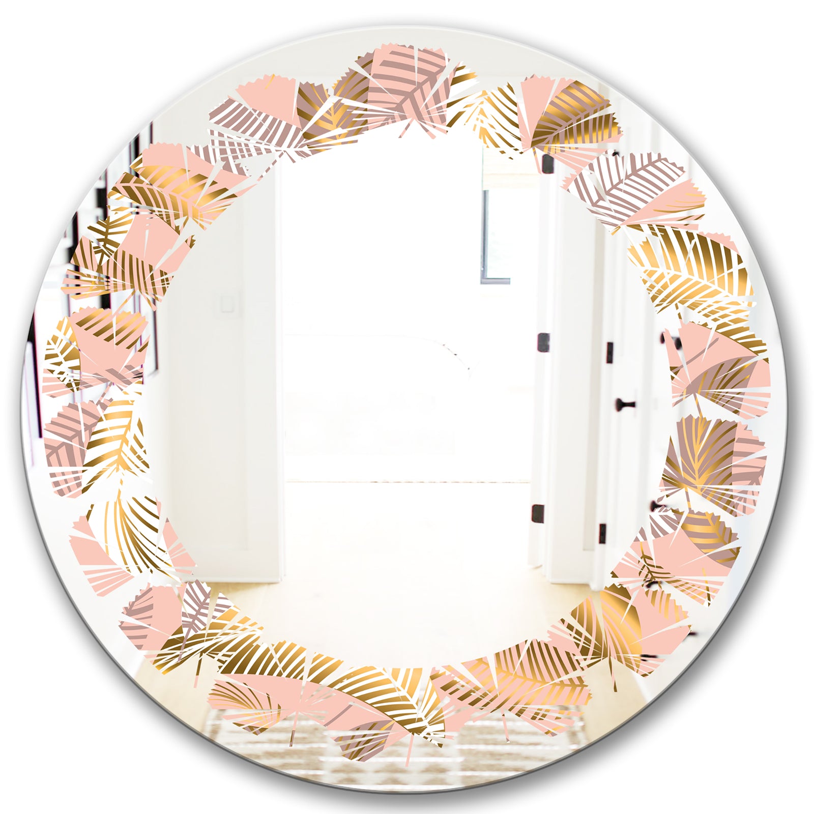 Golden Tropical Pattern V - Modern Round or Oval Wall Mirror - Leaves