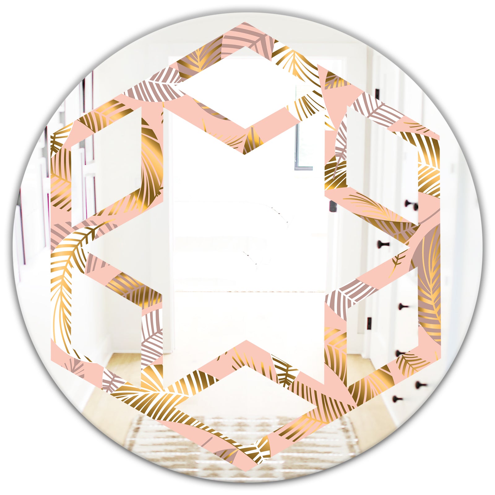 Golden Tropical Pattern V - Modern Round or Oval Wall Mirror - Hexagon Star