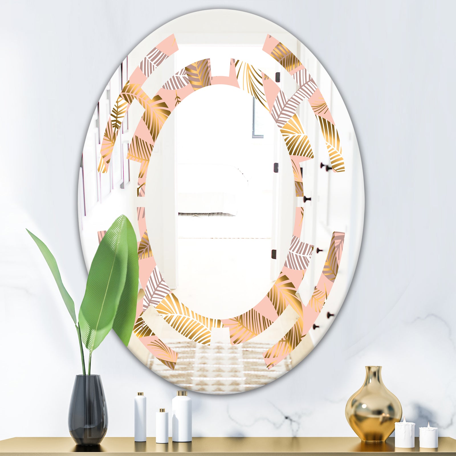 Golden Tropical Pattern V - Modern Round or Oval Wall Mirror - Space