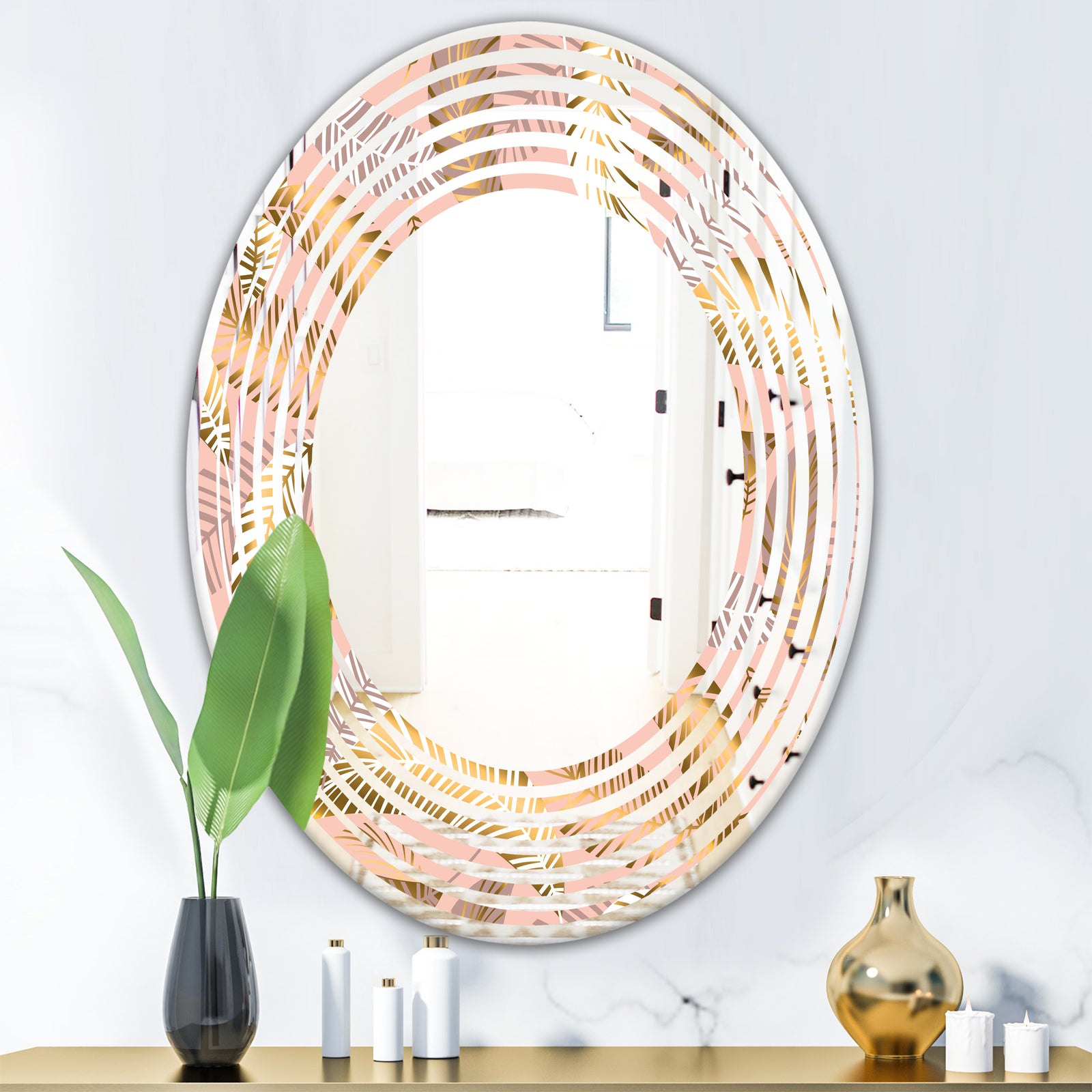 Golden Tropical Pattern V - Modern Round or Oval Wall Mirror - Wave