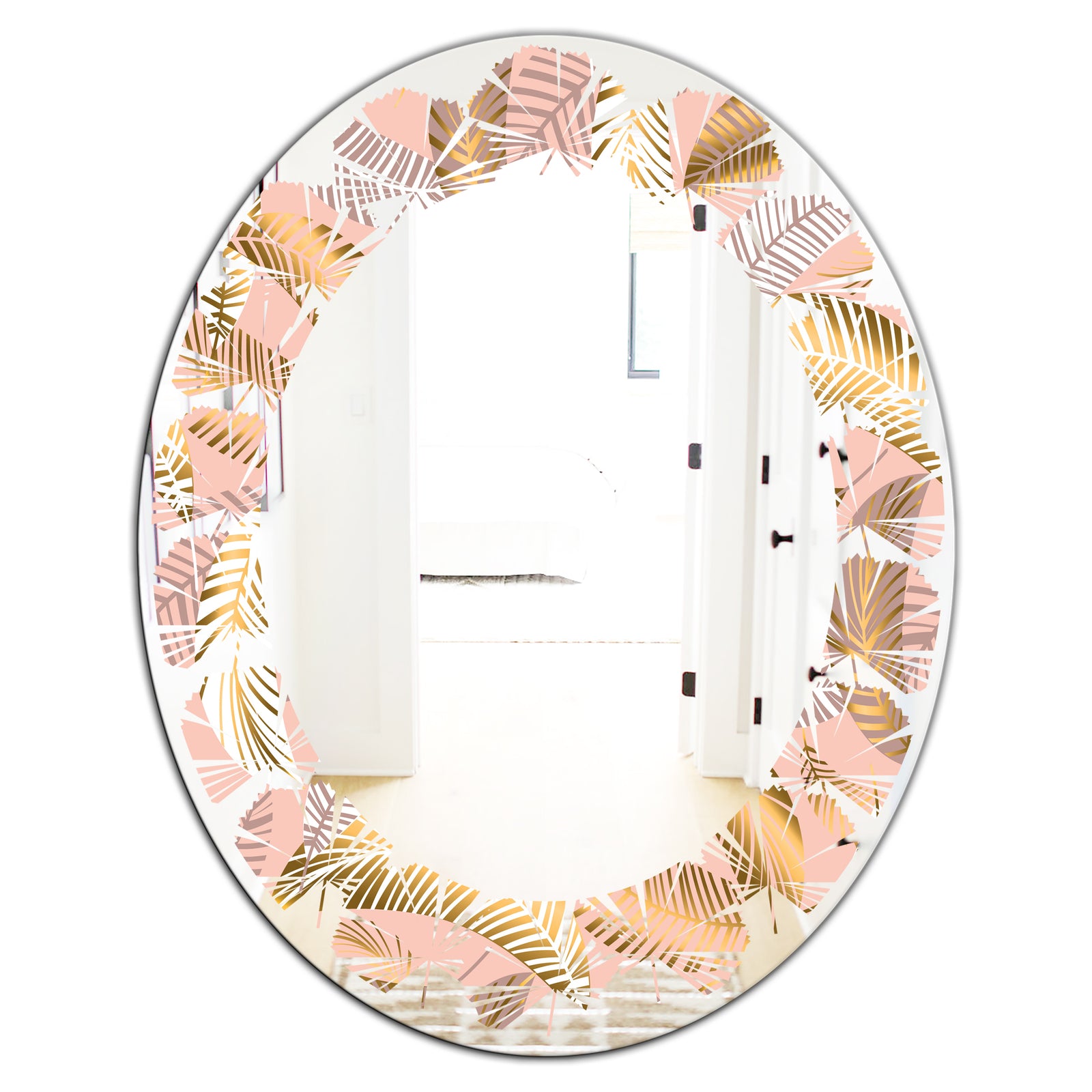 Golden Tropical Pattern V - Modern Round or Oval Wall Mirror - Leaves