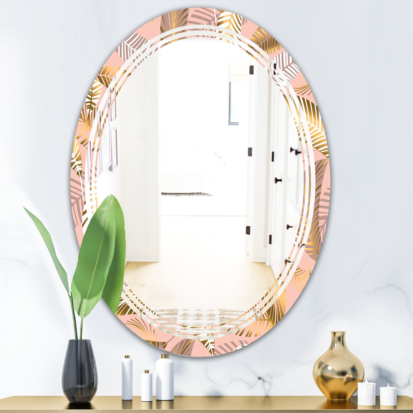 Golden Tropical Pattern V - Modern Round or Oval Wall Mirror - Triple C