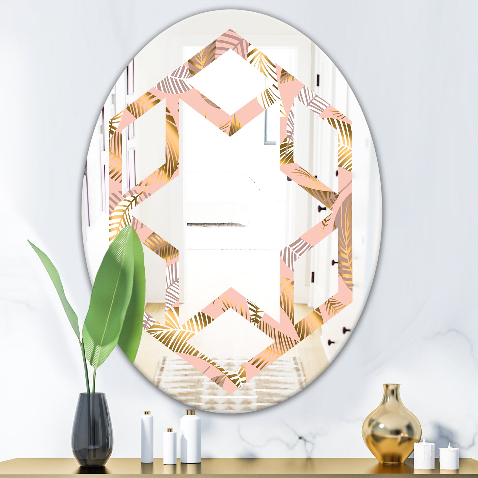 Golden Tropical Pattern V - Modern Round or Oval Wall Mirror - Hexagon Star