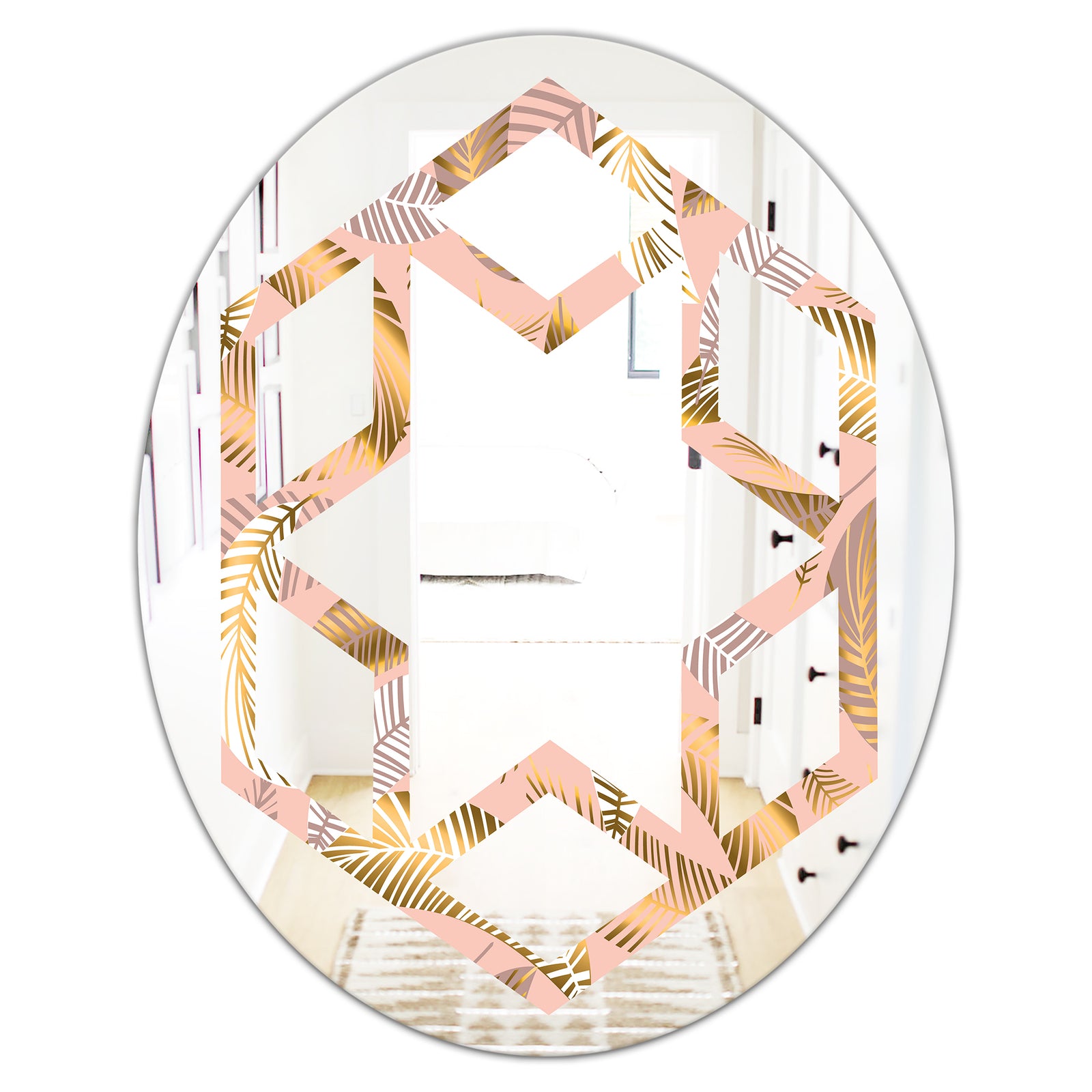 Golden Tropical Pattern V - Modern Round or Oval Wall Mirror - Hexagon Star