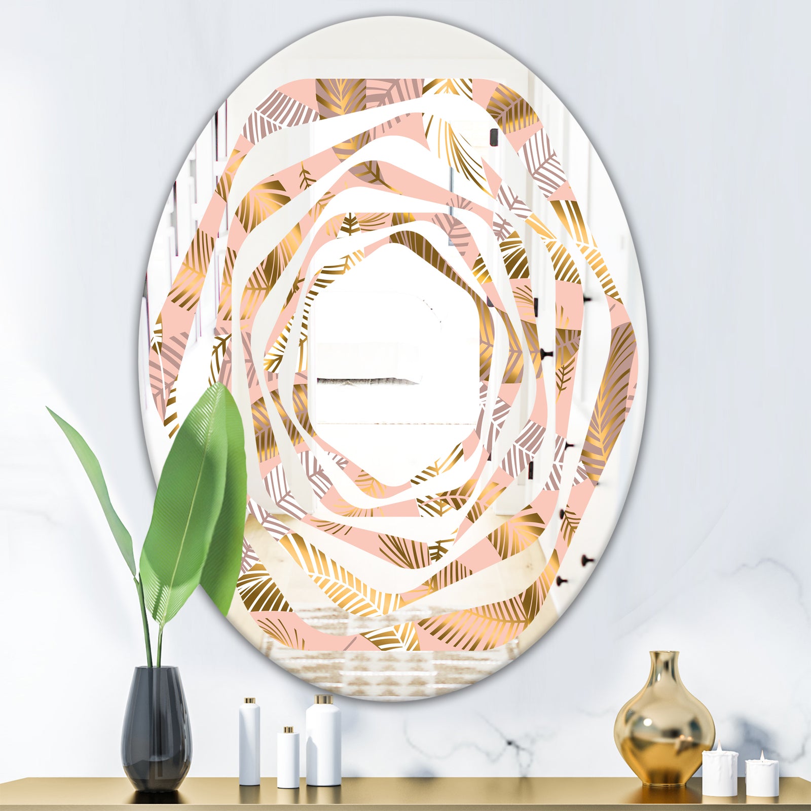 Golden Tropical Pattern V - Modern Round or Oval Wall Mirror - Whirl