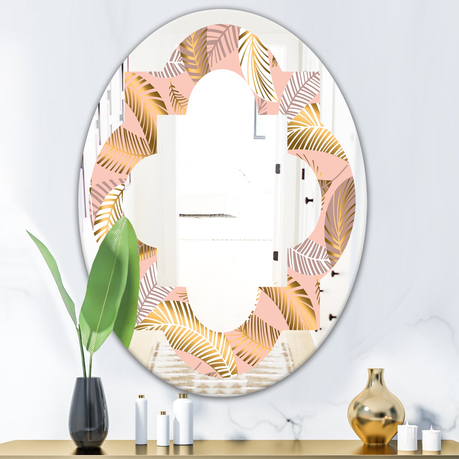 Golden Tropical Pattern V - Modern Round or Oval Wall Mirror - Quatrefoil