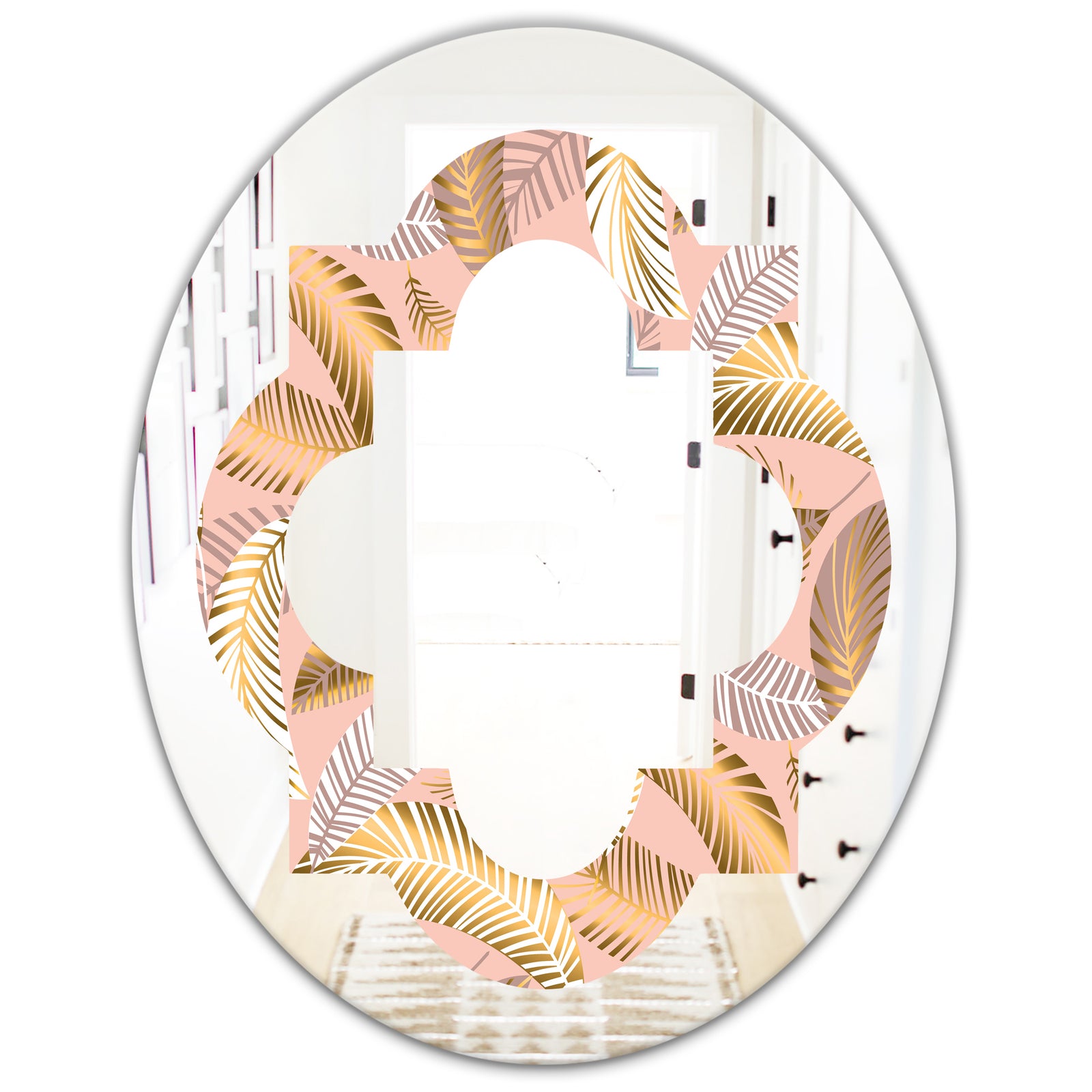 Golden Tropical Pattern V - Modern Round or Oval Wall Mirror - Quatrefoil