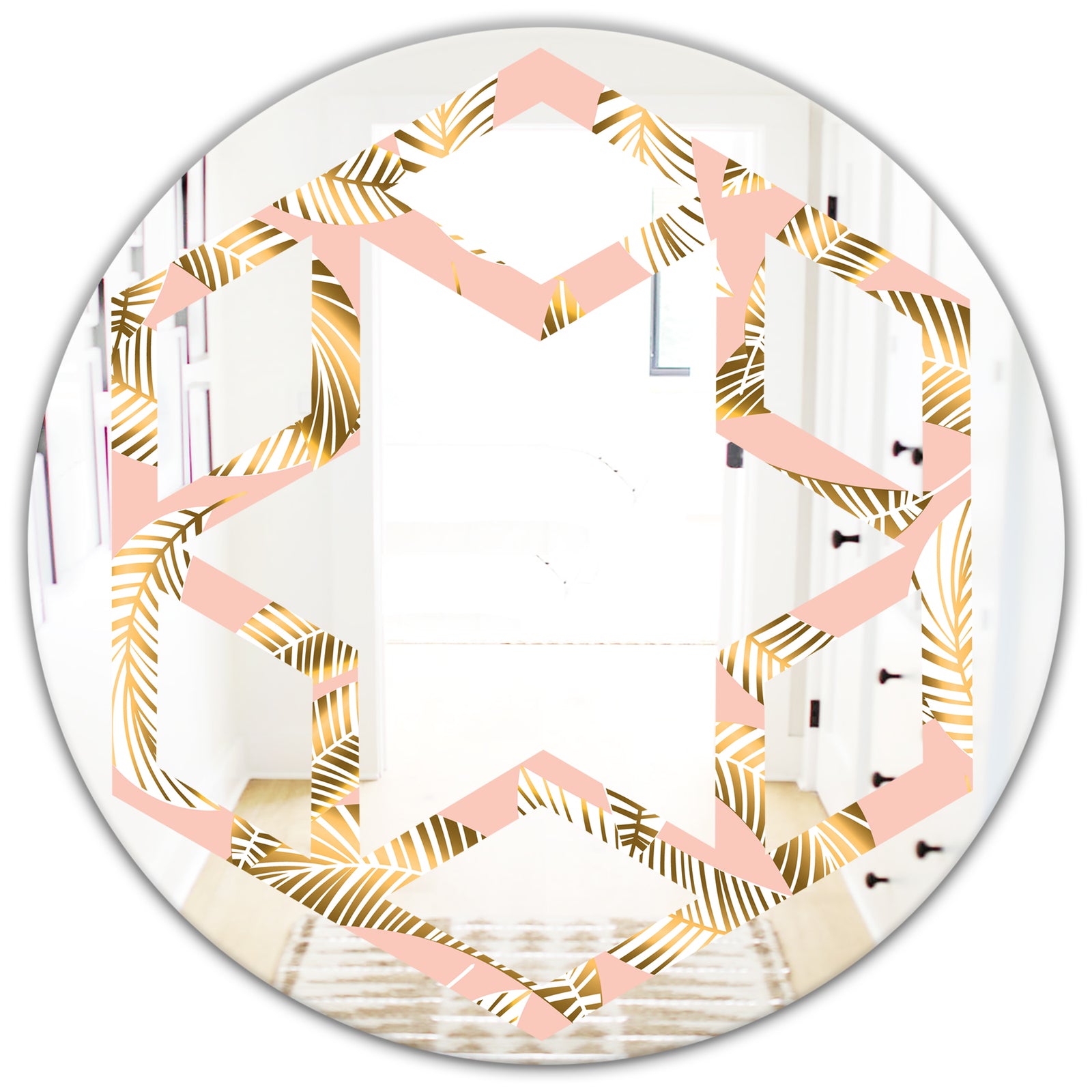 Golden Foliage IV - Modern Round or Oval Wall Mirror - Hexagon Star