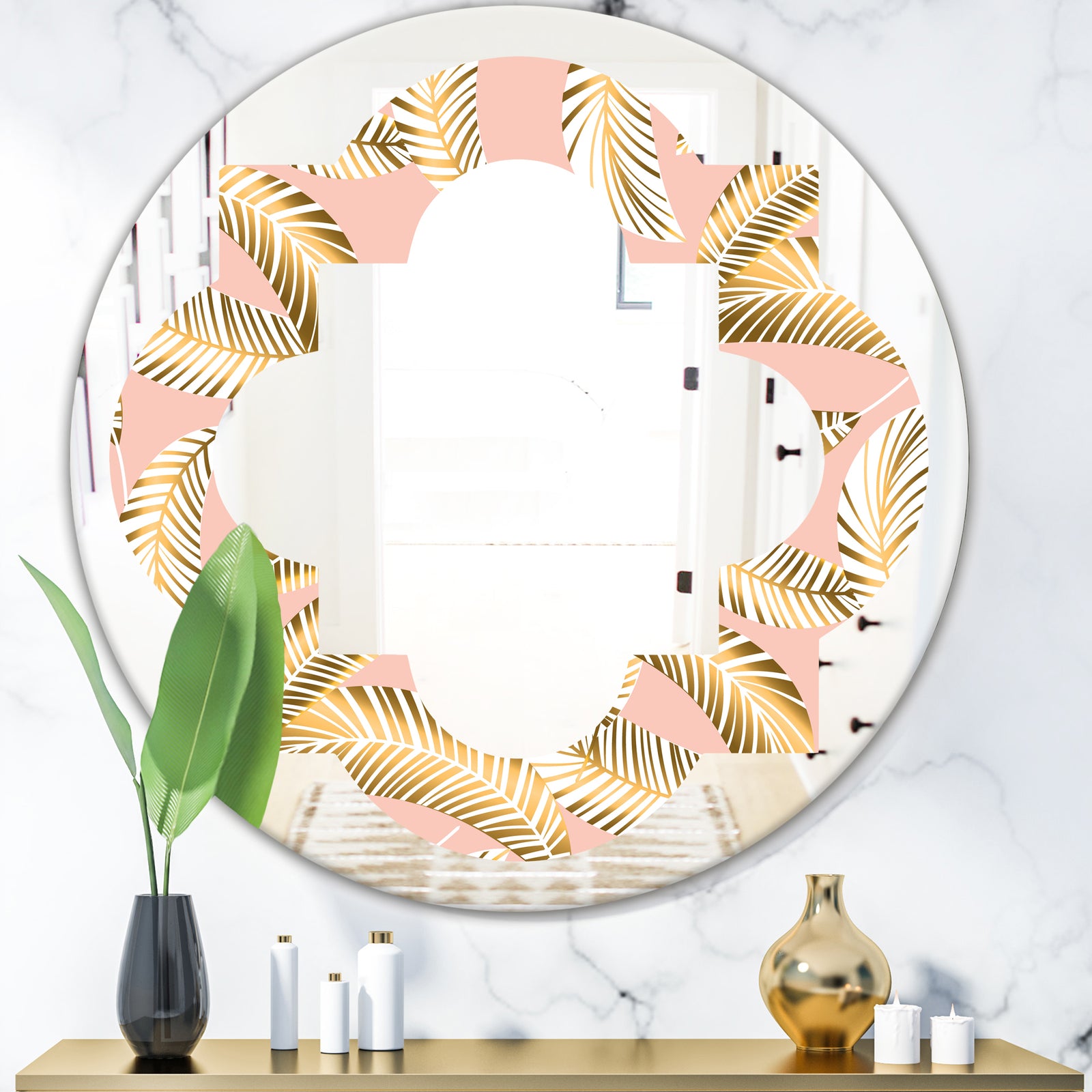 Golden Foliage IV - Modern Round or Oval Wall Mirror - Quatrefoil