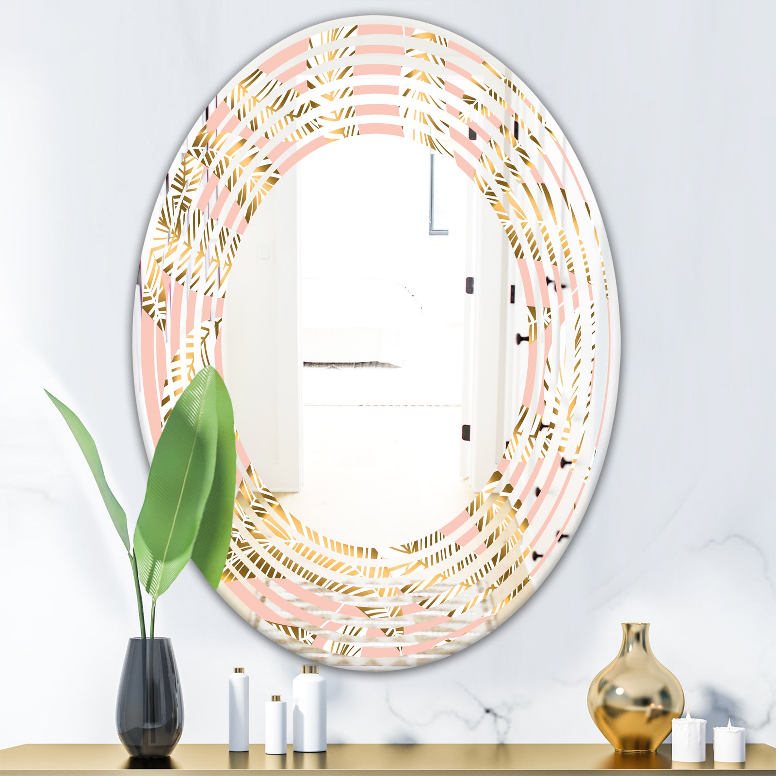 Golden Foliage IV - Modern Round or Oval Wall Mirror - Wave