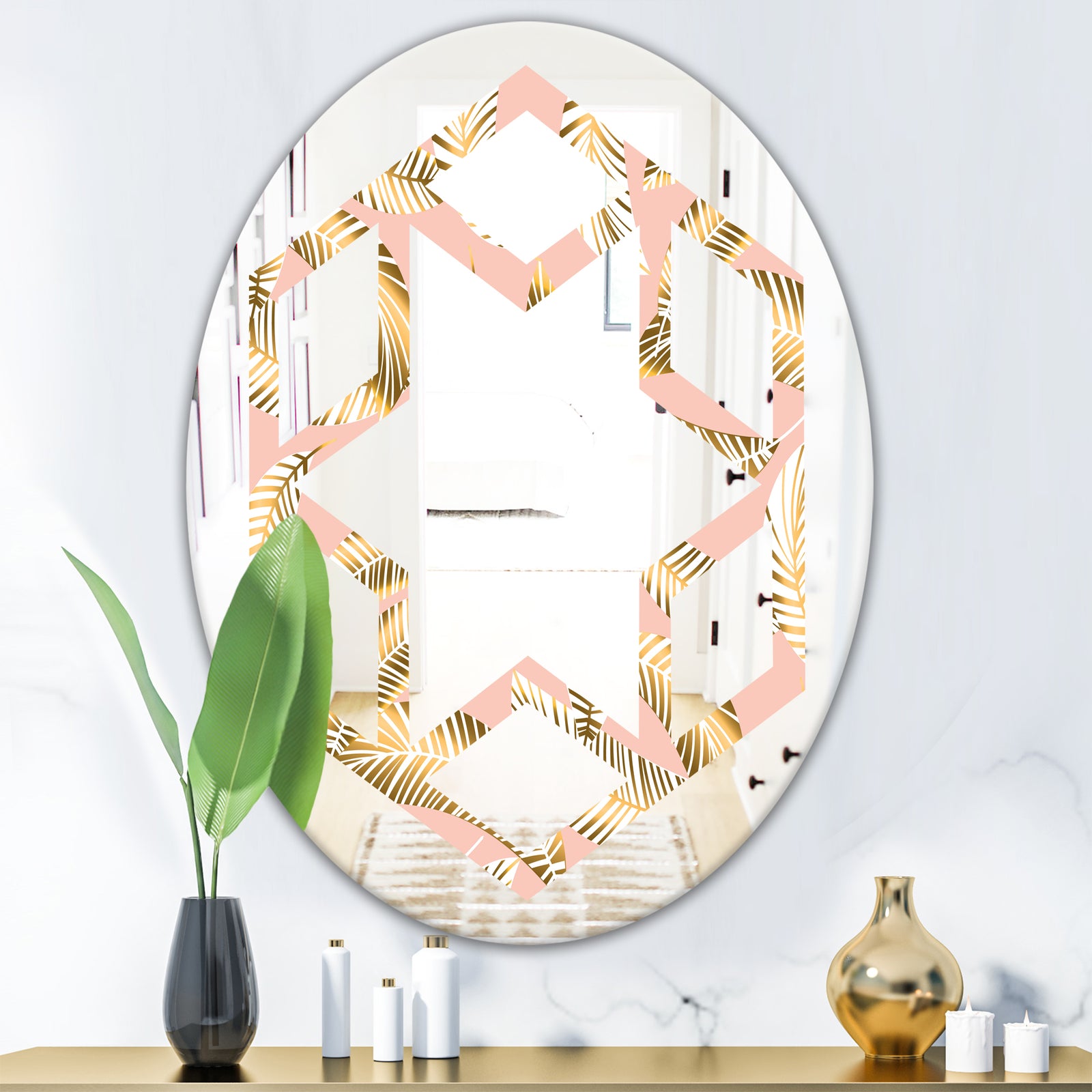 Golden Foliage IV - Modern Round or Oval Wall Mirror - Hexagon Star
