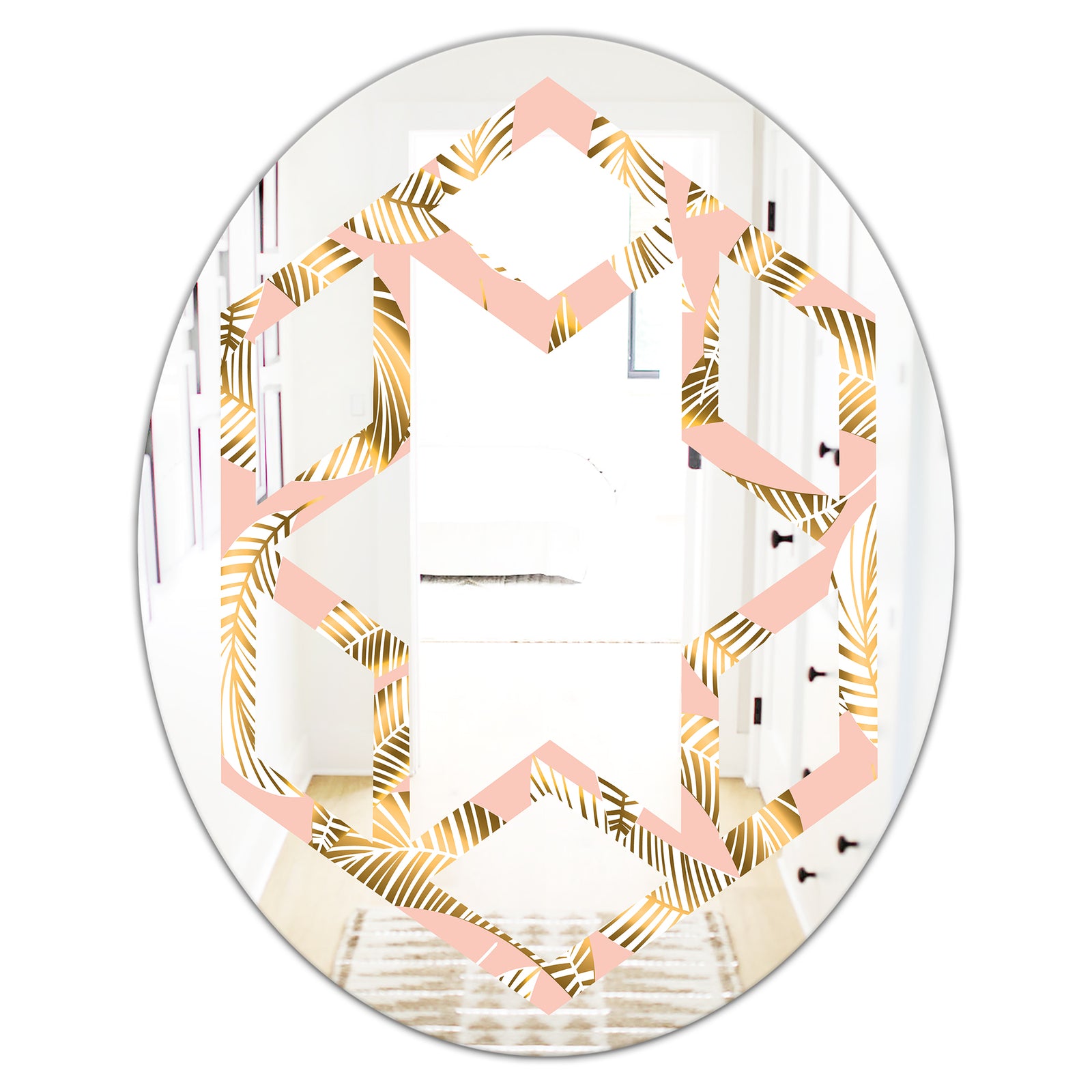 Golden Foliage IV - Modern Round or Oval Wall Mirror - Hexagon Star