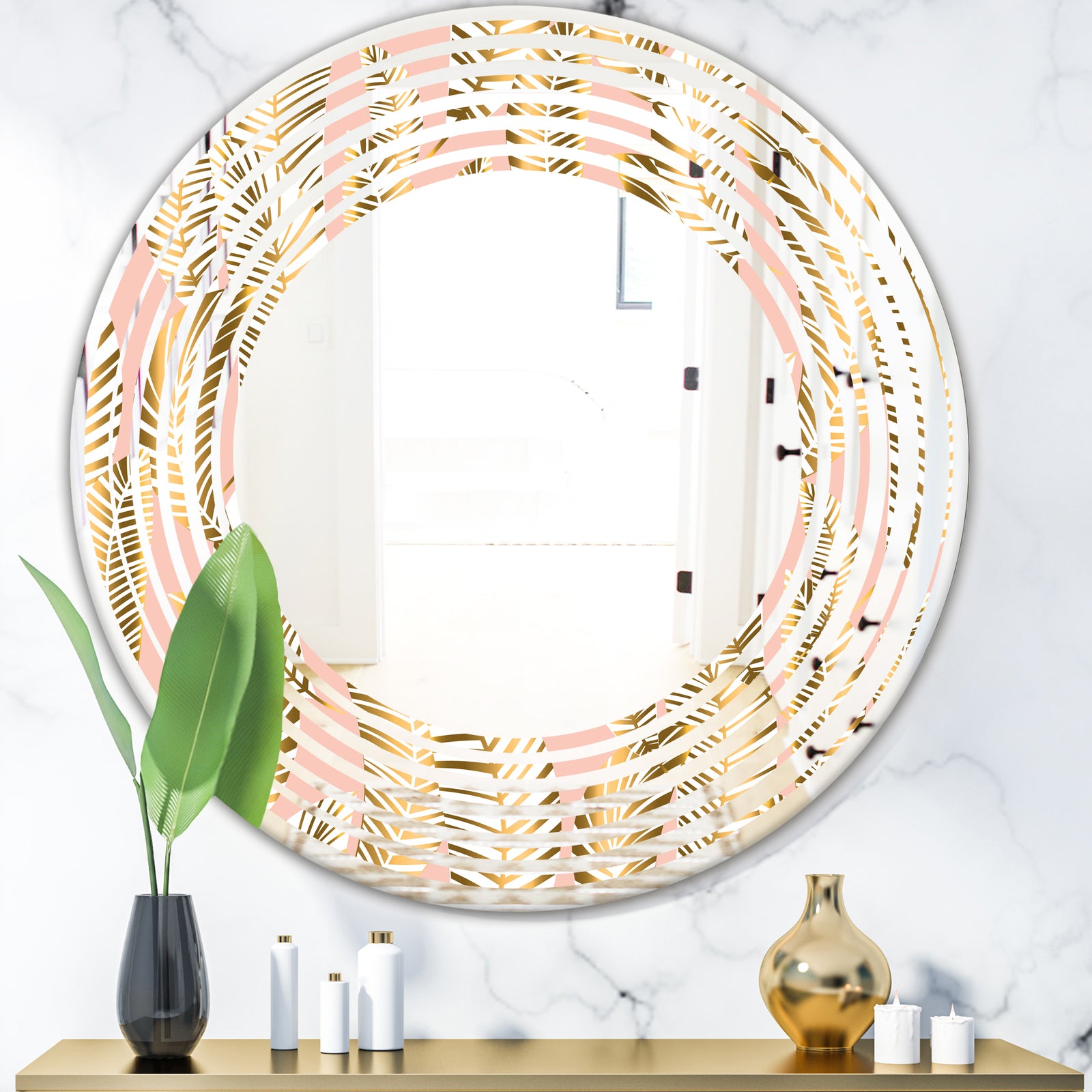 Golden Palm Leaves I - Modern Round or Oval Wall Mirror - Wave