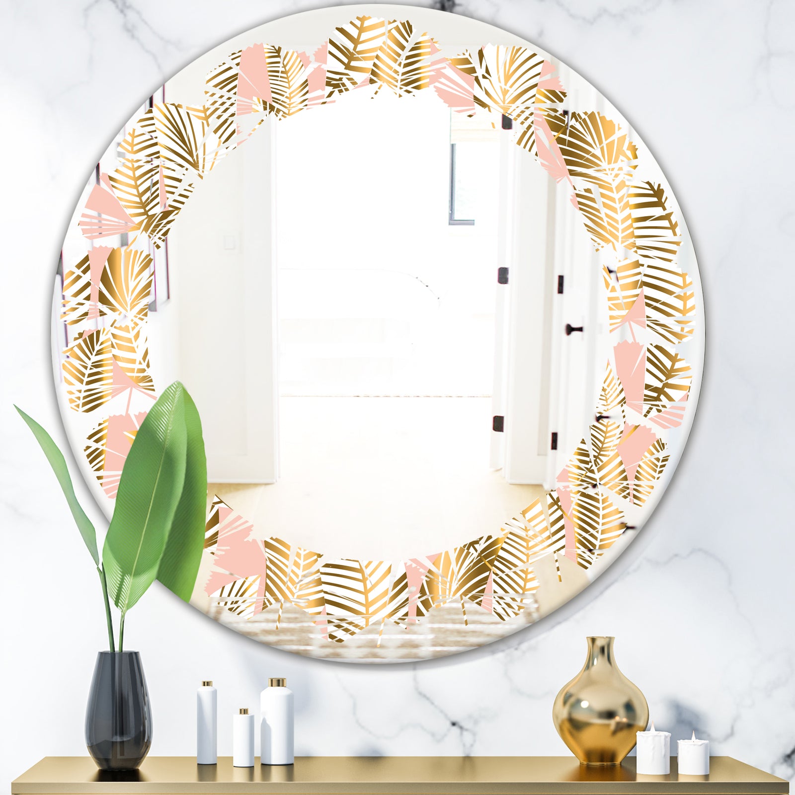 Golden Palm Leaves I - Modern Round or Oval Wall Mirror - Leaves