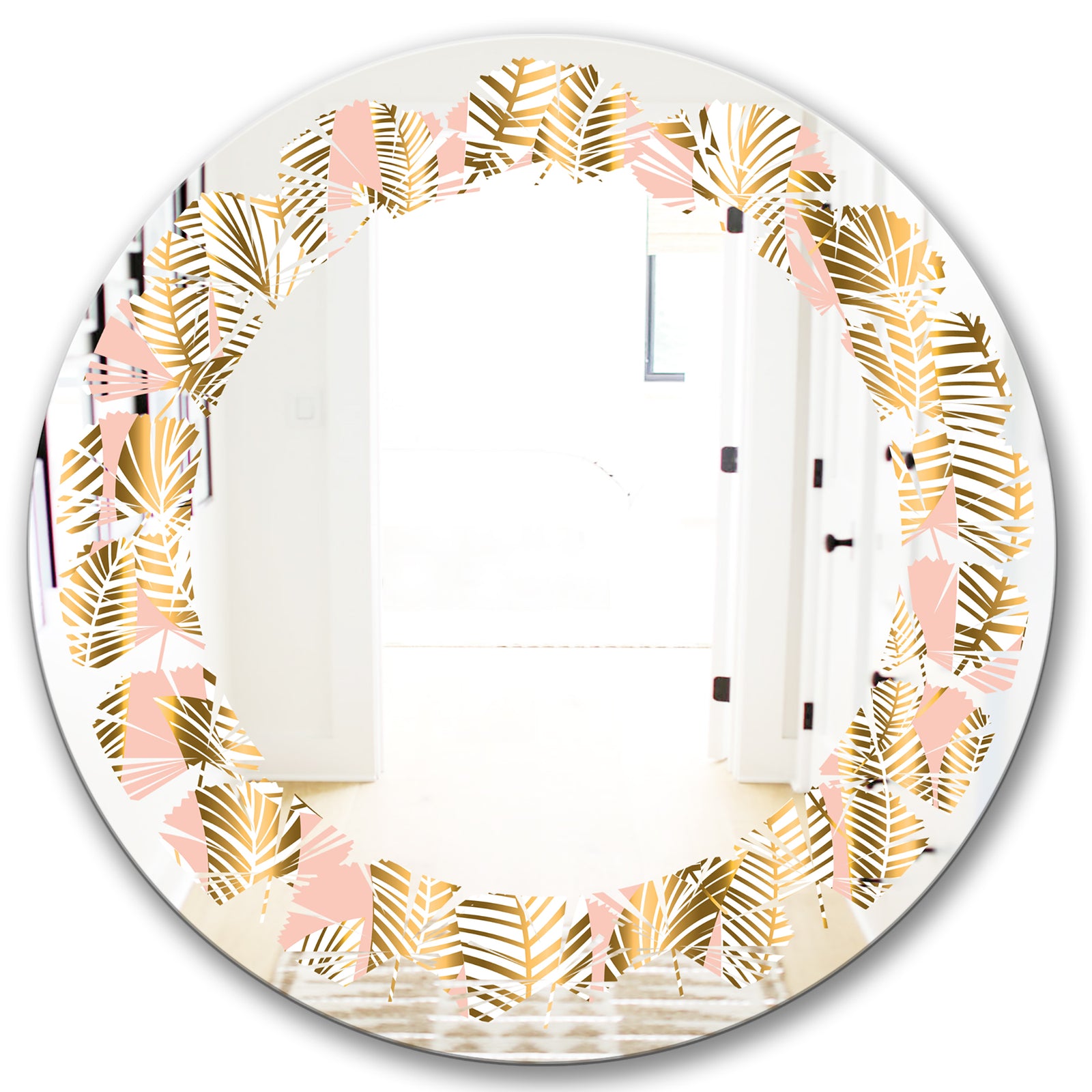 Golden Palm Leaves I - Modern Round or Oval Wall Mirror - Leaves