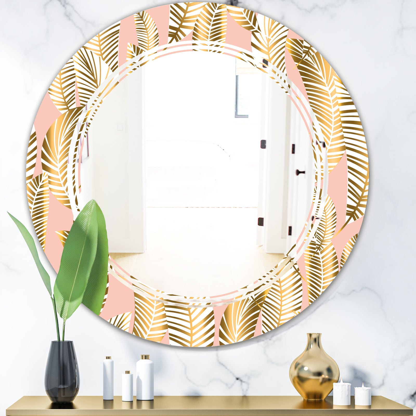 Golden Palm Leaves I - Modern Round or Oval Wall Mirror - Triple C