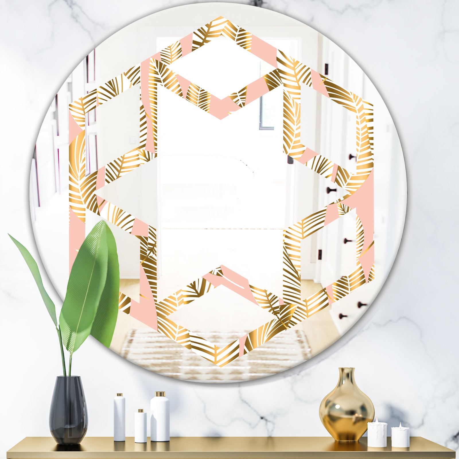 Golden Palm Leaves I - Modern Round or Oval Wall Mirror - Hexagon Star