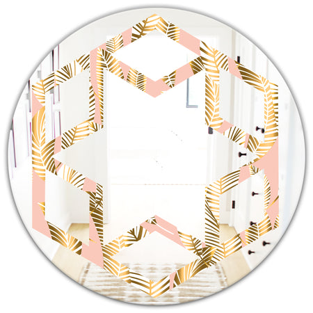 Golden Palm Leaves I - Modern Round or Oval Wall Mirror - Hexagon Star