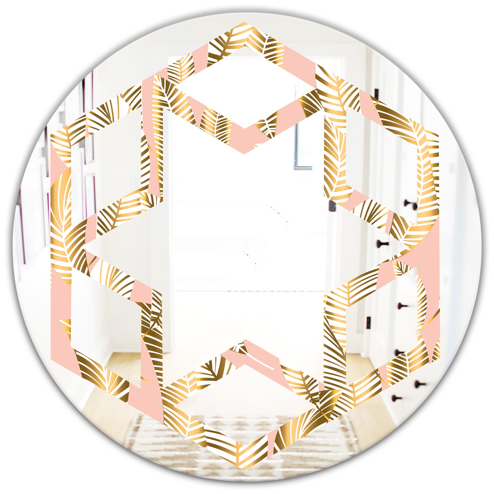 Golden Palm Leaves I - Modern Round or Oval Wall Mirror - Hexagon Star