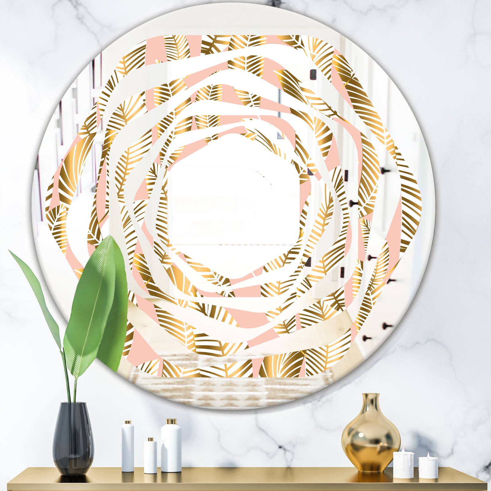 Golden Palm Leaves I - Modern Round or Oval Wall Mirror - Whirl