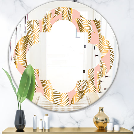 Golden Palm Leaves I - Modern Round or Oval Wall Mirror - Quatrefoil