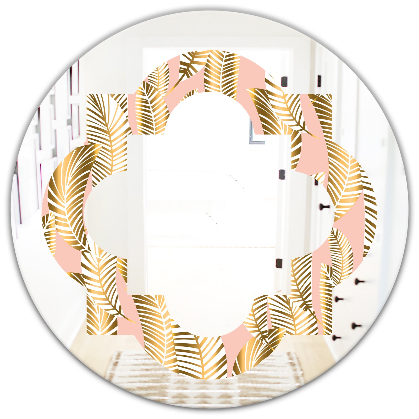 Golden Palm Leaves I - Modern Round or Oval Wall Mirror - Quatrefoil