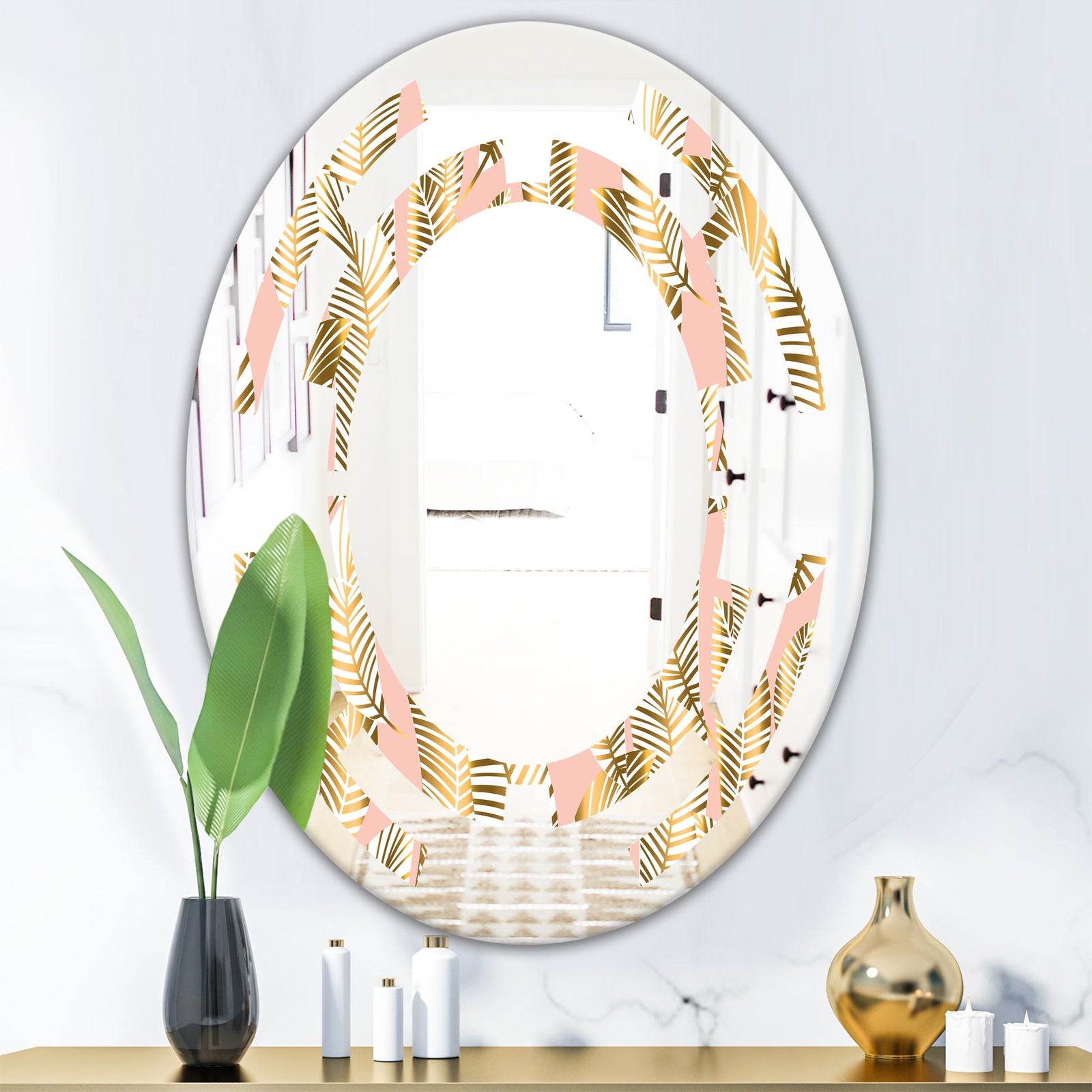 Golden Palm Leaves I - Modern Round or Oval Wall Mirror - Space