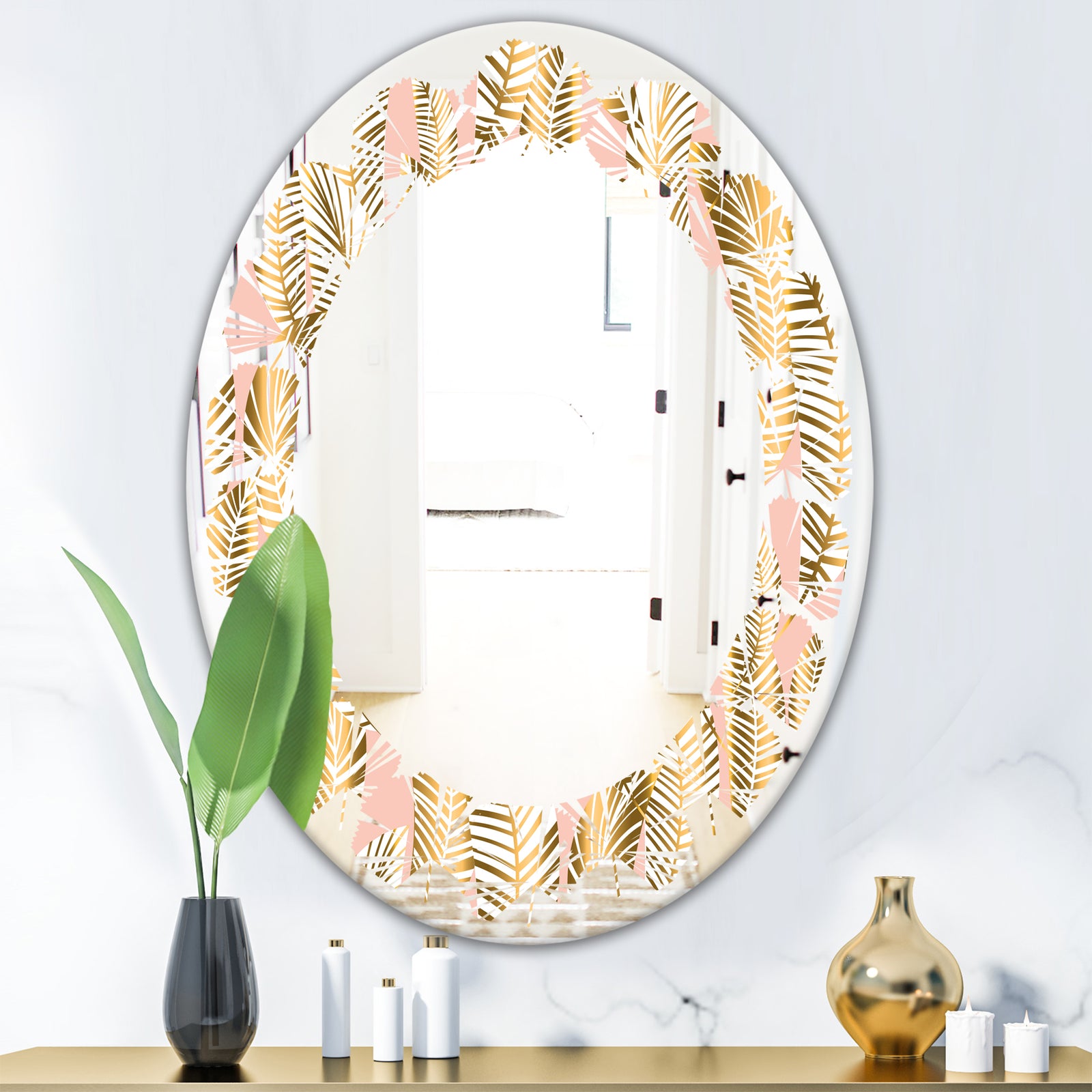 Golden Palm Leaves I - Modern Round or Oval Wall Mirror - Leaves