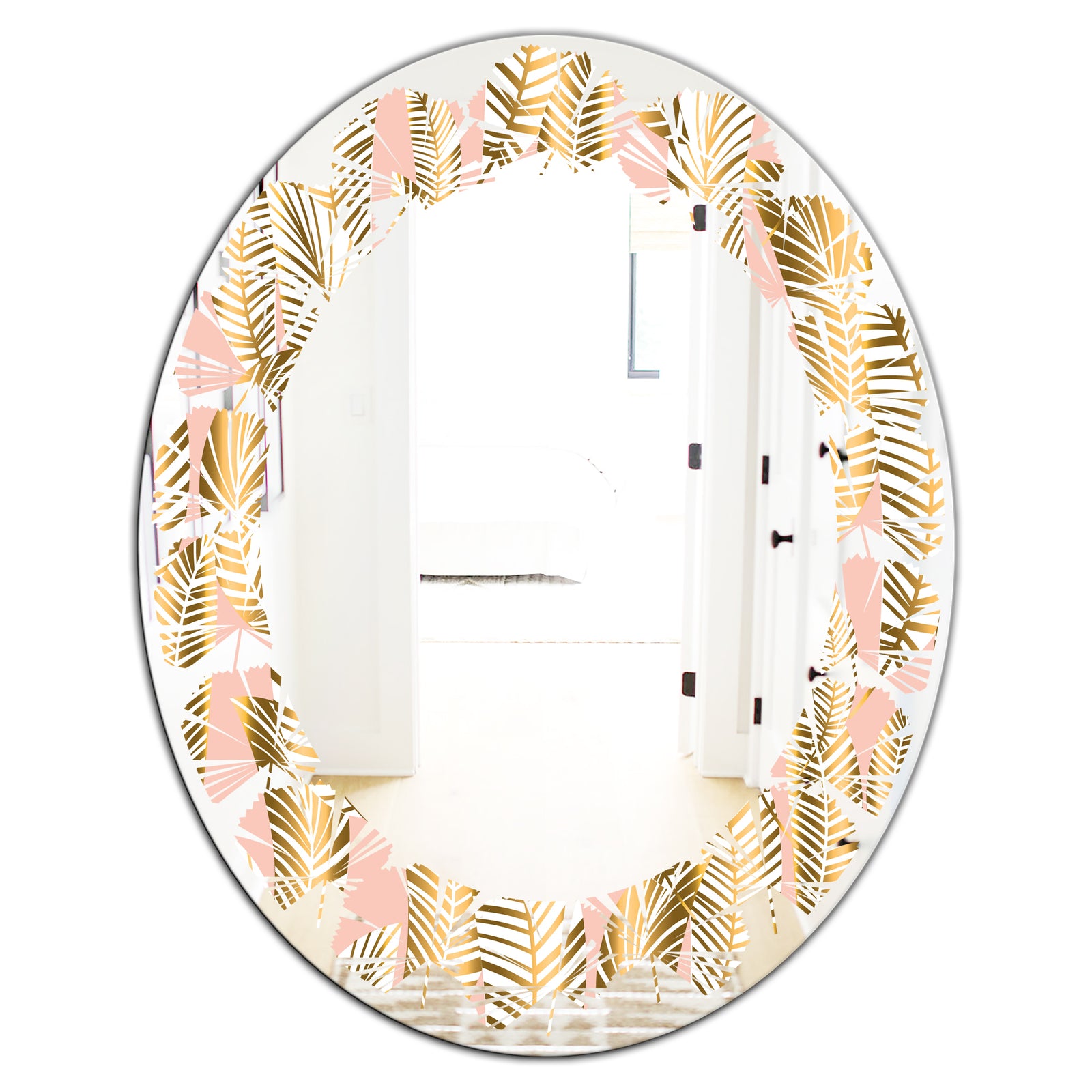 Golden Palm Leaves I - Modern Round or Oval Wall Mirror - Leaves