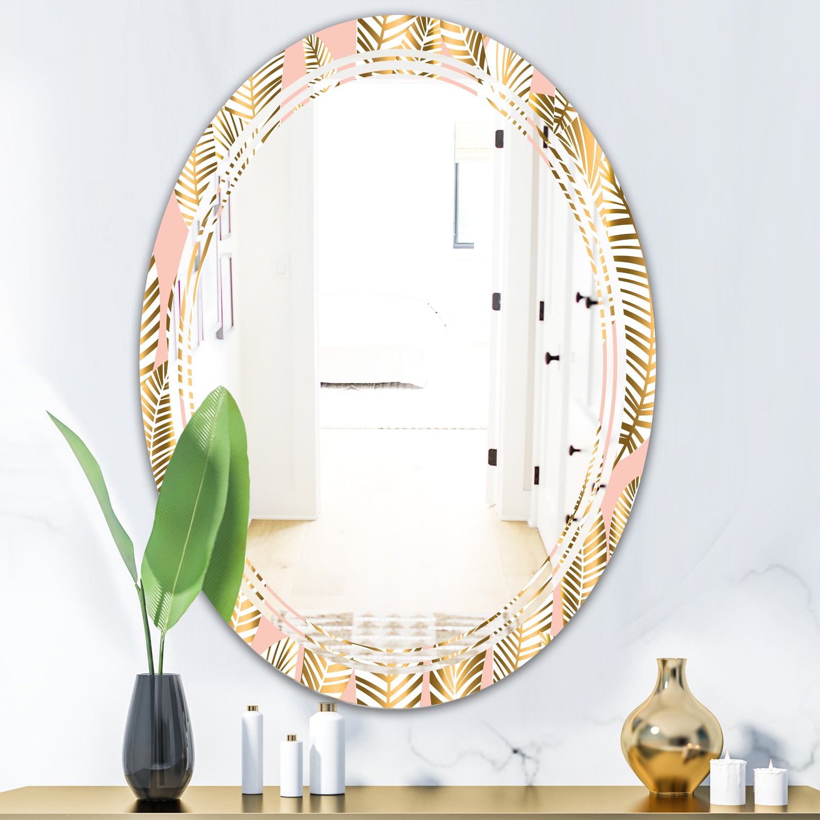 Golden Palm Leaves I - Modern Round or Oval Wall Mirror - Triple C