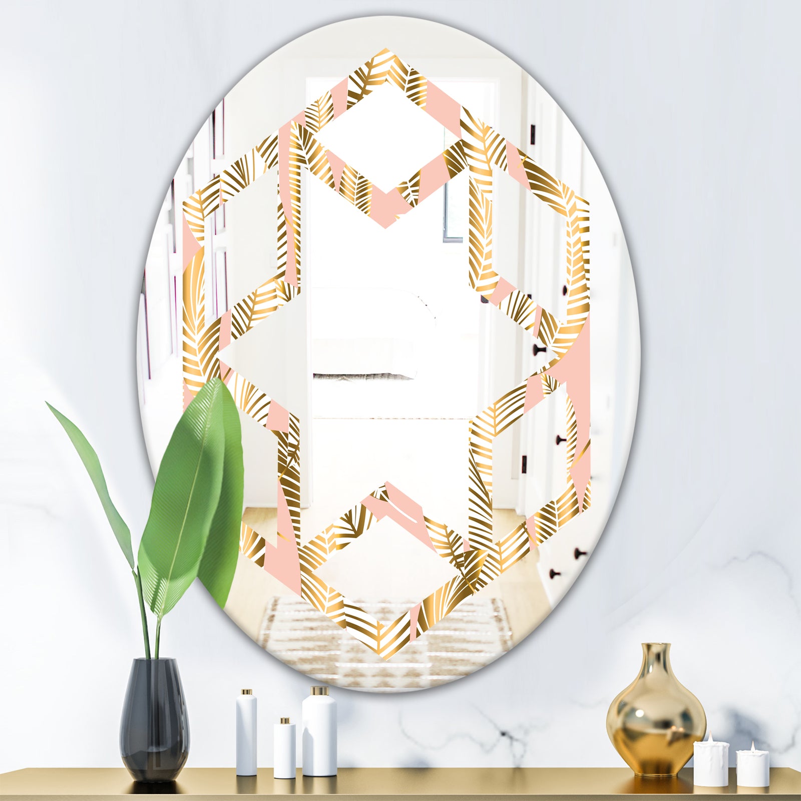 Golden Palm Leaves I - Modern Round or Oval Wall Mirror - Hexagon Star