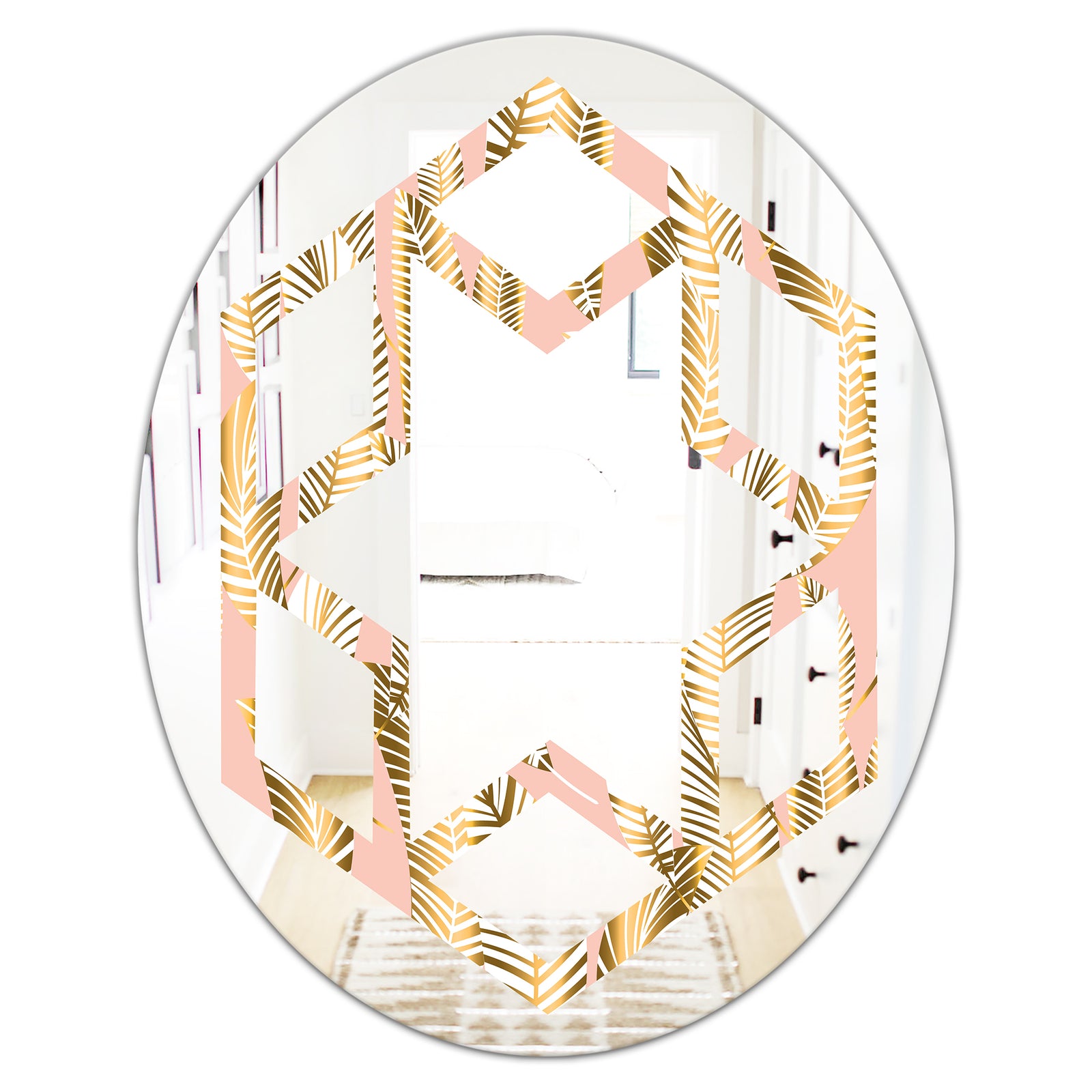 Golden Palm Leaves I - Modern Round or Oval Wall Mirror - Hexagon Star